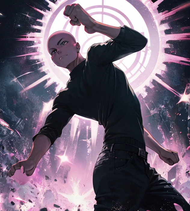 One Punch Man Saitama is looking confused, he has punched Transformer star Scream (who blew up), now Saitama is still in a punching stance in a crater surrounded by robot debris