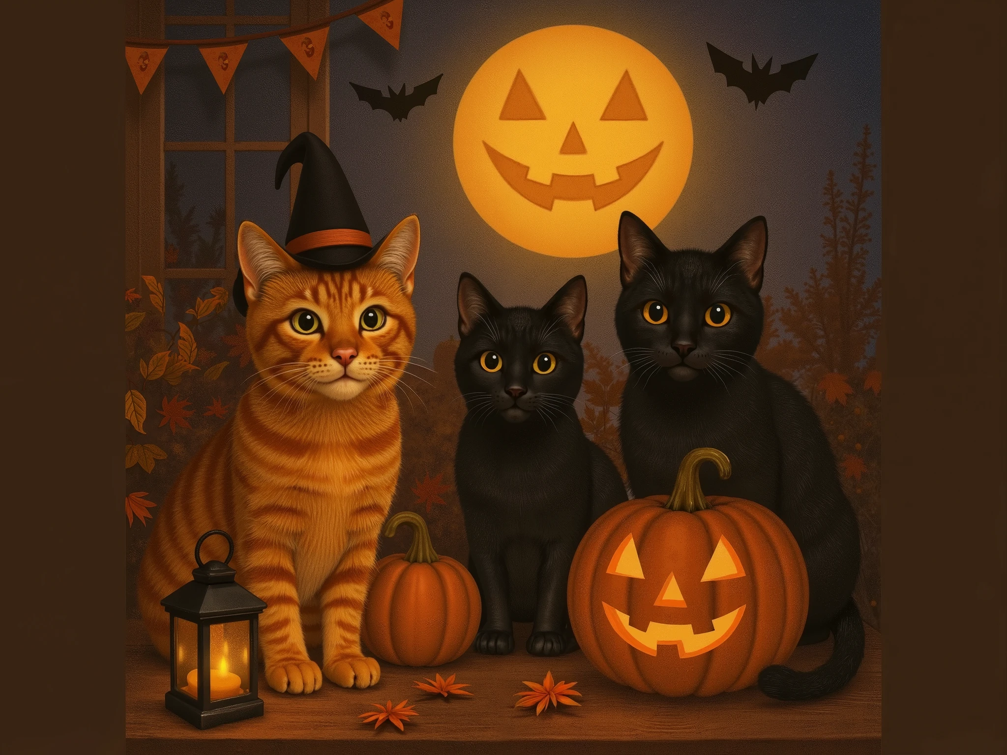 A warm, inviting Halloween illustration featuring three adorable cats — one orange tabby with a whimsical witch hat and two sleek black cats — sitting together on a rustic wooden porch. Surrounded by glowing carved pumpkins, autumn leaves, and a softly glowing lantern. A large golden full moon with a jack-o’-lantern face shines in the background against a deep twilight sky with a few bats flying. Semi-realistic, highly detailed, vibrant autumn colors, cozy and enchanting atmosphere, perfect for home wall art. No puzzle lines, no text.