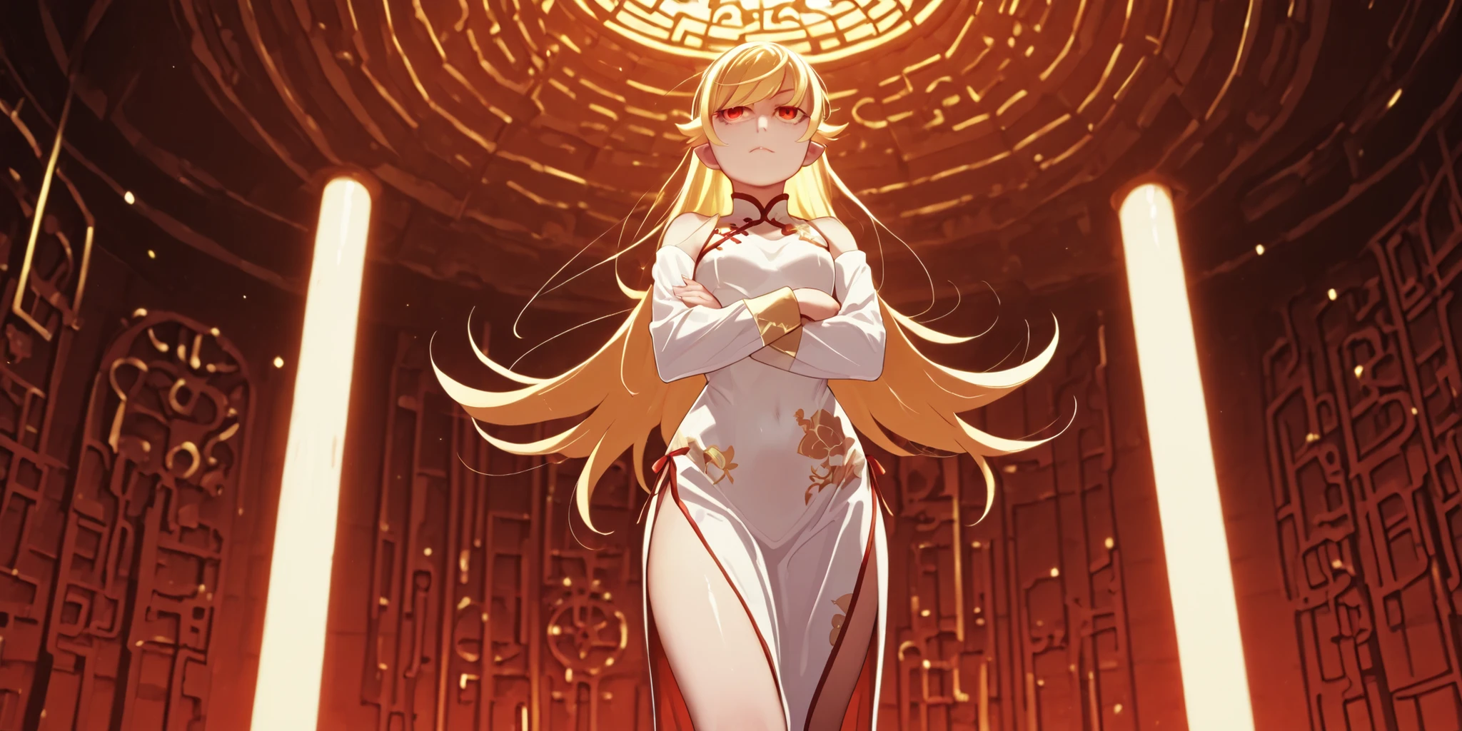 A masterpiece, of the highest quality, ultra-detailed, alone, a 6'1" girl, short, with light blonde hair, red eyes, slightly messy hair, long bangs, a sadistic and confident expression, fair skin and youthful curves, a short character, the same height as Oshino Shinobu from "(8) Kizumonogatari" (but in old blonde), slightly pointed ears.
Hair styled similarly to Oshino Shinobu from "(8) Kizumonogatari" (but in old blonde), long hair almost touching her feet, a face similar to Oshino Shinobu from "(8) Kizumonogatari" (but in old blonde), small breasts, wide hips, a small waist, a wide butt, well-defined thighs. A short character, the same height as Oshino Shinobu from "(8) Kizumonogatari" (but in old blonde), slightly pointed ears.
She wears a long dress. A red Chinese dress with gold embellishments and a cyberpunk design. Long white Chinese sleeves with gold details leave her shoulders exposed, and her thighs are exposed. Sides, and she poses sexy, standing with arms crossed below the breasts.
Pay attention to the required colors, maximum resolution;
One image +18, One sexy image;
