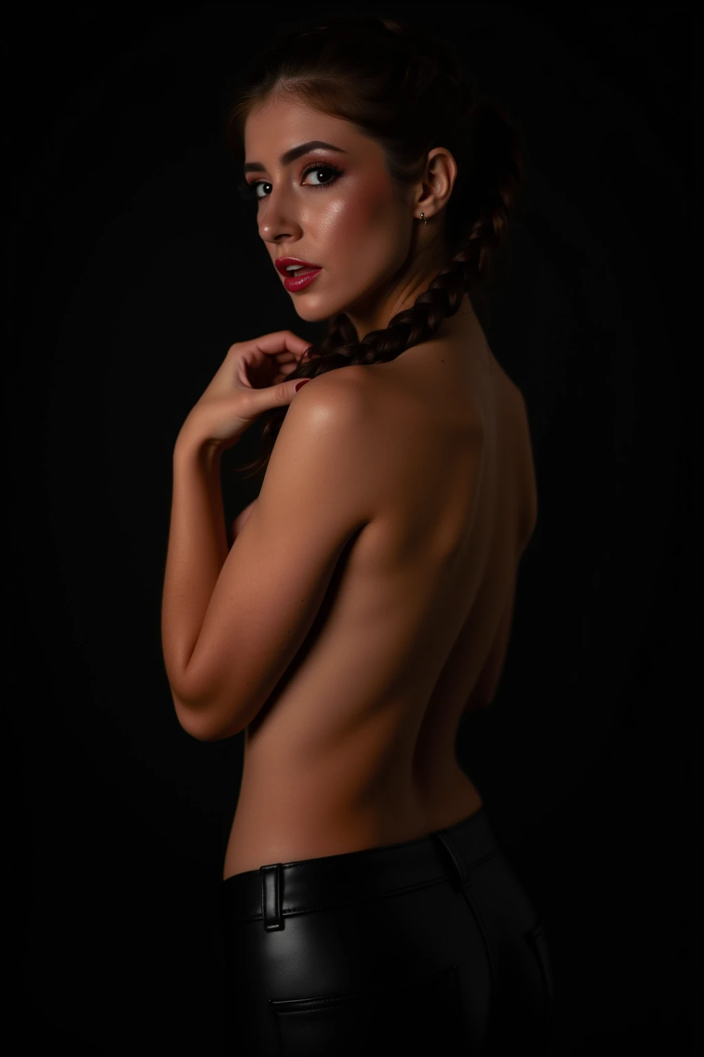 From behind, Professional photo, Adriana Lima, black hair, bob hairstyle, fully nude, cleavage, standing, looking at the viewer, (simple red background), studio lighting, soft light passing  through hair, depth of field, bokeh
