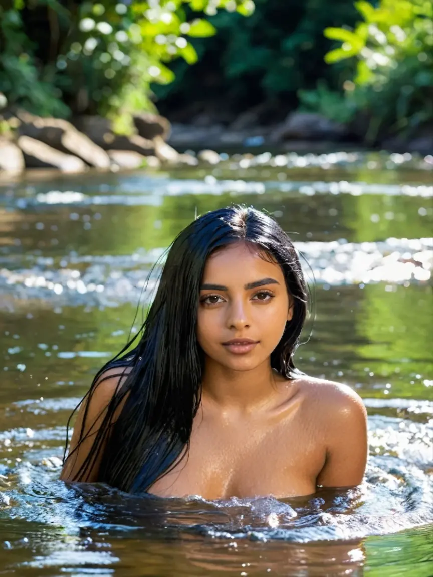 play a 16 year old Brazilian girl in a waterfall looking at the camera and giving a slight smile