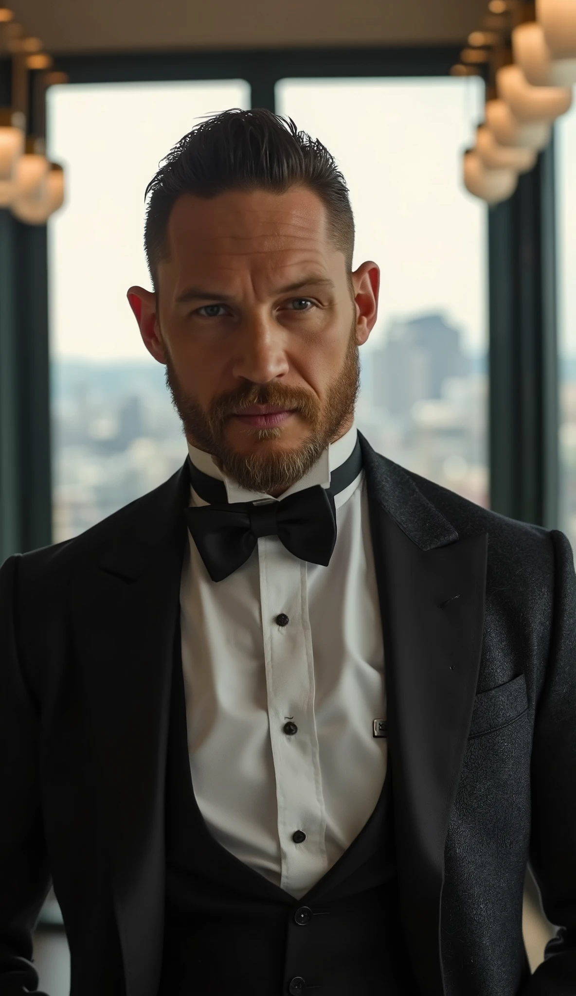 Ultra-realistic 8K cinematic portrait of Tom Hardy from chest up, dressed in a tailored dark charcoal tuxedo with subtle satin lapels, crisp white shirt slightly open at the collar, sleek hairstyle, intense confident gaze, cinematic warm lighting with soft shadows, background of an upscale modern office with cityscape visible through large windows, hyper-detailed textures, photorealistic skin and fabric, cinematic depth of field.