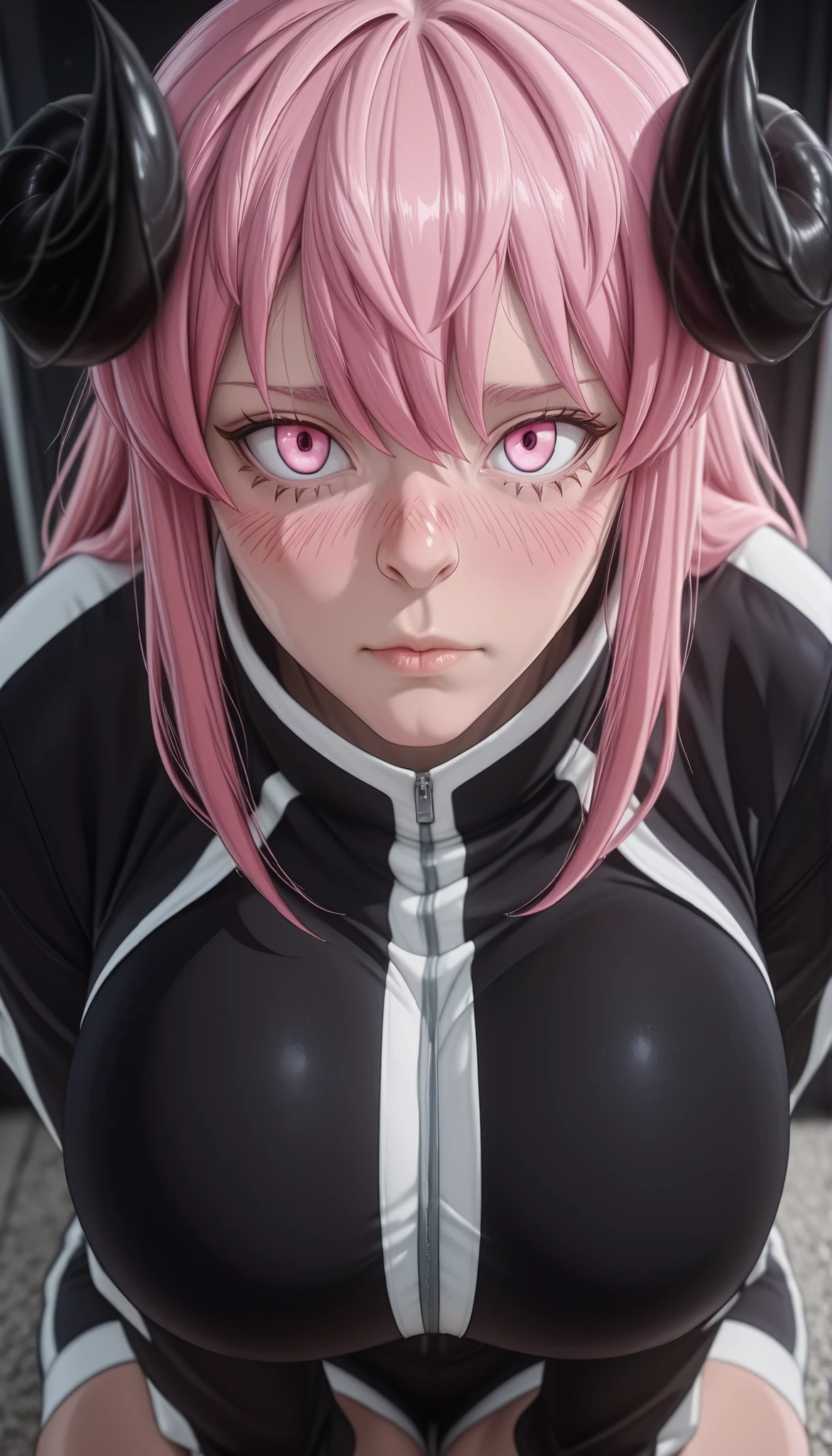 homare01, 1girl, solo, pink hair, shorts, jacket, looking at viewer, track jacket, long hair, pink eyes, huge breasts,long sleeves, black jacket,demon horns,curled horns,blush, face focus, close up, 8k, hyperrealstic details, hyperrealstic artwork