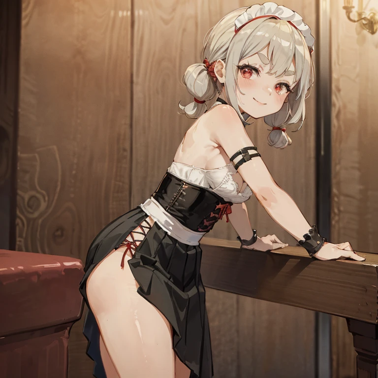 Young girl with grey hair, ((fringed and curly hair)),((curly short twintail)), curly hair ,(red eyes),, ((small bushy eyebrows)), wearing gothic lolita clothing, lolicon , walking to school, bored look, bored face,, suddenly having sex in public, ((doggy style sex)), ((public sex in a restaurant)) naked ass in the male crotch, perfect anatomy, (young boy fucking her)