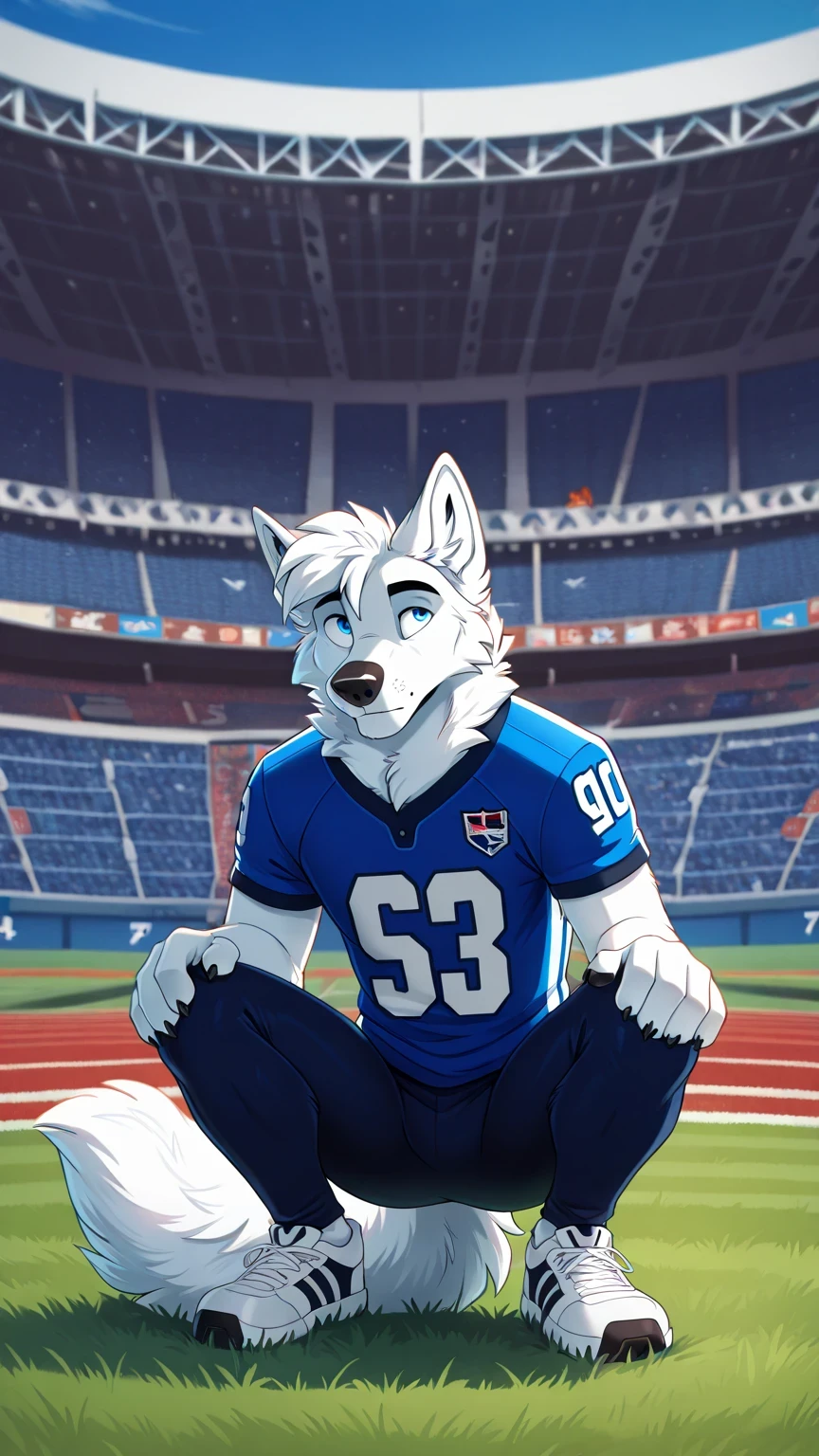 american football stadium background, Eye blue, Reflections, full body, antropomorfico, Adult Wolf, without humans, by ango76 , Masterpiece, better quality,very aesthetic, newest, anthropoid, mammal, a boy, Clothes, Alone, byry, byry Macho, macho focuS, blue eyes, postura bipeda in front, Male Wolf,male white wolf furry, by, squatting posture, squatting, claws, animal ears, high resolution, blue color american football jersey, lycra american football tights white, white sneakers, wolf tail, in front