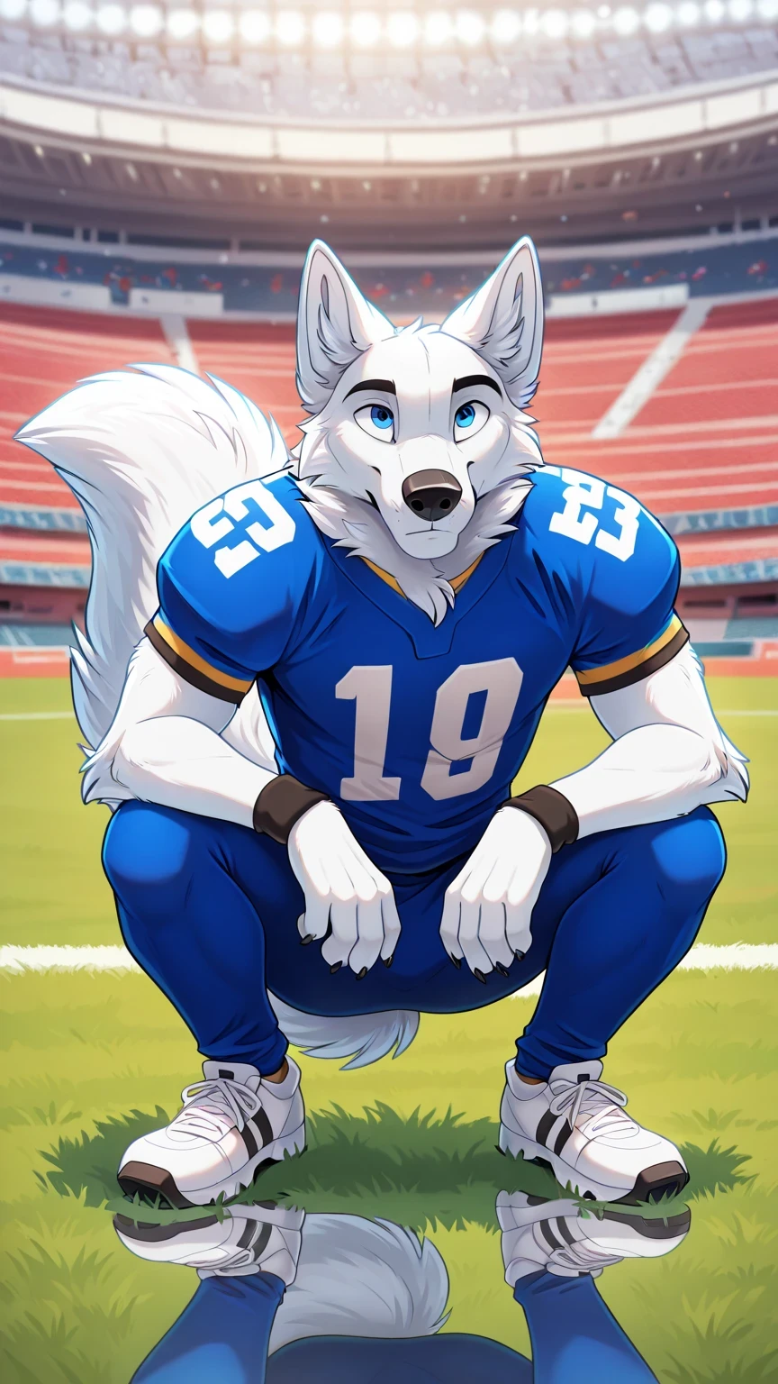 american football stadium background, Eye blue, Reflections,  full body, antropomorfico, Adult Wolf, without humans,   by ango76 ,    Masterpiece, better quality,very aesthetic, newest,  anthropoid, mammal, a boy, Clothes, Alone, byry, byry Macho, macho focuS, blue eyes, postura bipeda in front, Male Wolf,male white wolf furry, by, squatting posture, squatting, claws,  animal ears, high resolution, blue color american football jersey,  lycra american football tights white, white sneakers, wolf tail, in front