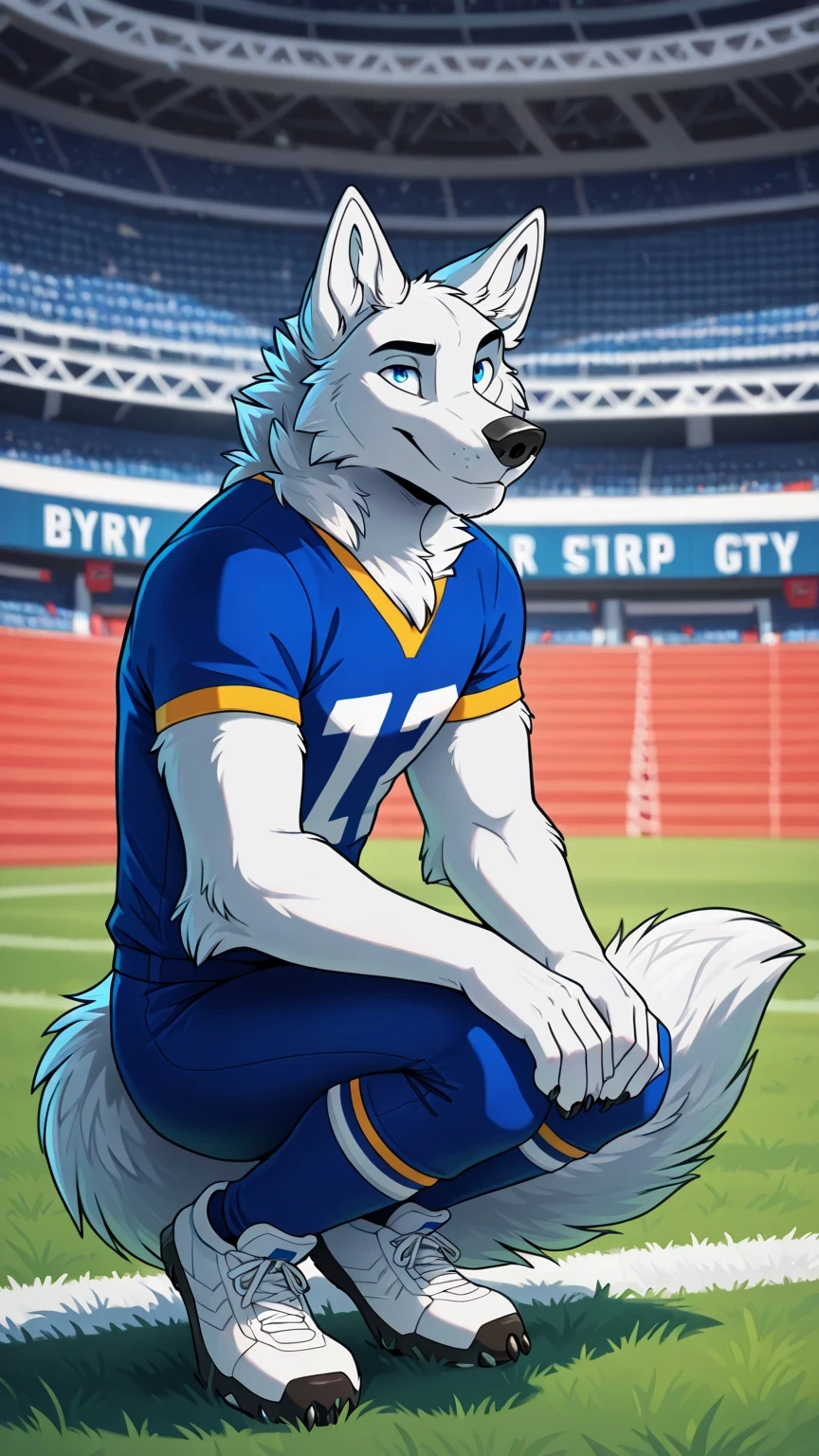 american football stadium background, Eye blue, Reflections,  full body, antropomorfico, Adult Wolf, without humans,   by ango76 ,    Masterpiece, better quality,very aesthetic, newest,  anthropoid, mammal, a boy, Clothes, Alone, byry, byry Macho, macho focuS, blue eyes, postura bipeda in front, Male Wolf,male white wolf furry, by, squatting posture, squatting, claws,  animal ears, high resolution, blue color american football jersey,  lycra american football tights white, white sneakers, wolf tail, in front