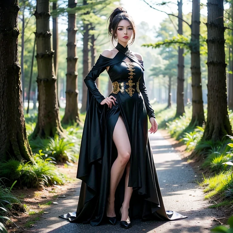 beautiful elegant, aristocratic, queen, running scared in a mysterious haunted forest, colorful vegetation, mighty trees, blue long bodycon dress with gold embroidery, arny color high heels, gold crown on her head, long braided blond hair, eerie horroristic night lights, realistic details , dramatic mood