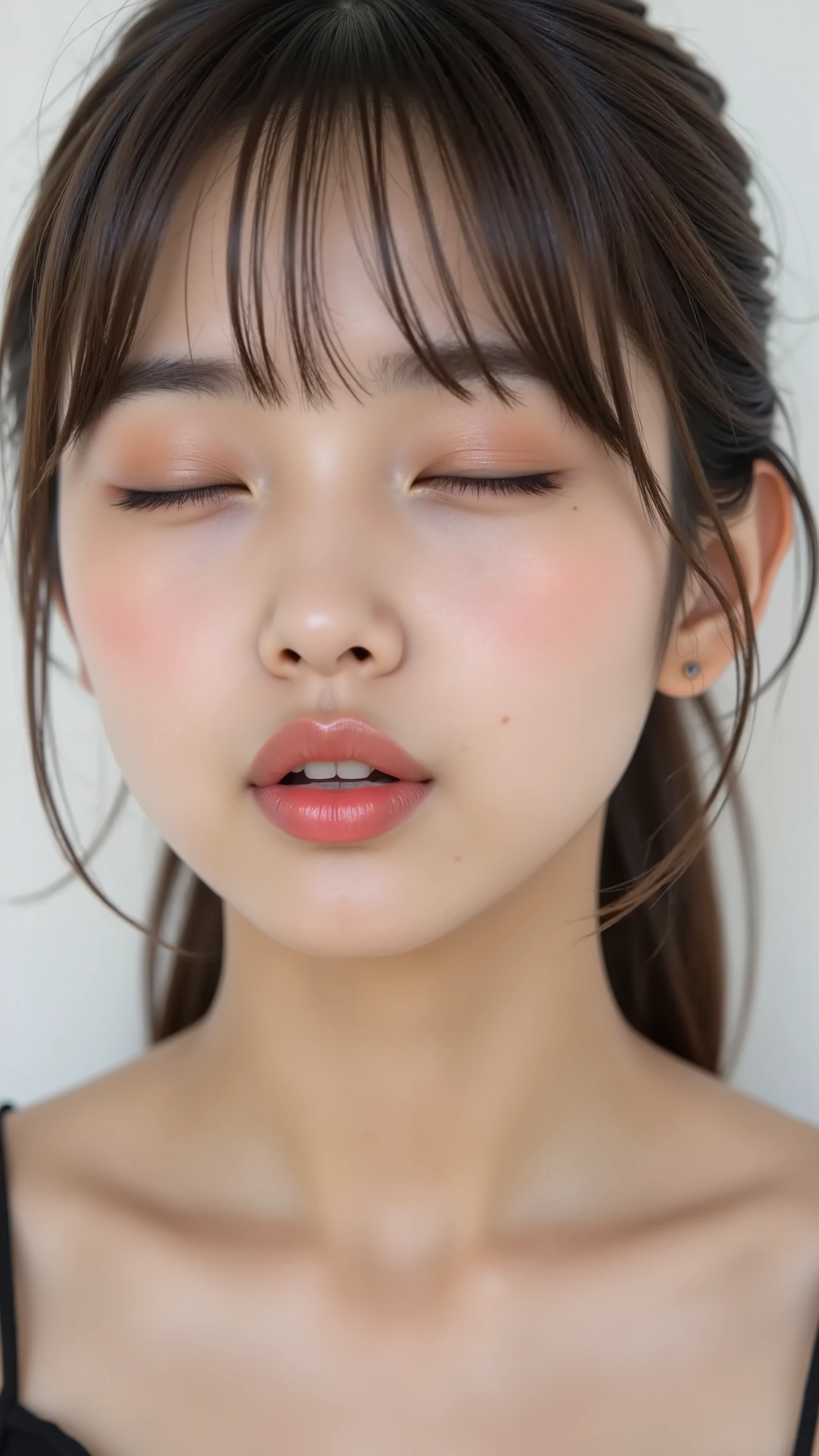 Japanese girls, fits in the frame from the neck to the top of the head, Black Camisole, Extremely pouty lips, Tightly pursed, round shape, Lips exaggeratedly thrust forward, Kissing face with full lips, SHINY, PLUMP, PALE PINK LIPS, Lips as main focus, with wet, glossy texture、 strong highlights , Eyes vaguely narrowed with joy, A dreamy and melting smile, Blushed face and ears, with slightly pink downy hairs、shiny skin,  chin is slightly raised , Head gently tilted, Soft directional lighting in a white studio, Camera angle 35° upward, Full face centred
