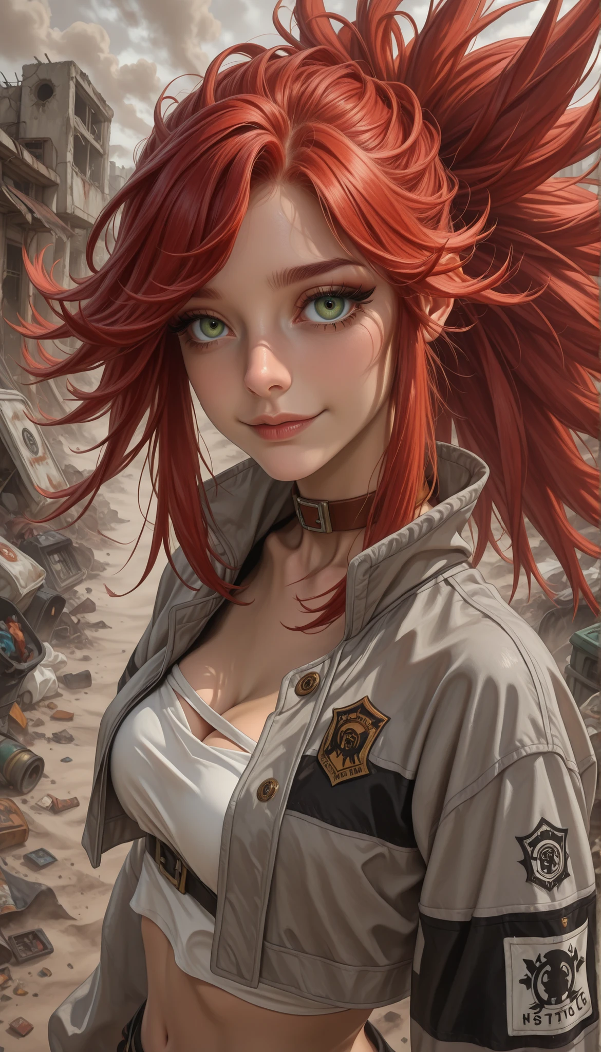 masterpiece, best quality,
1girl, solo, light smile,ponytail, spiked hair, long hair, red hair, green eyes,brown choker, cropped jacket, grey jacket, white tube top, cleavage, small breasts,, long sleeves, sleeves past wrists, armband, looking at viewer, fisheye,
outdoors, grey background, dust cloud, ruins, trash, close up, face Focus, upper body, 8k, hyperrealstic details, hyperrealstic artwork