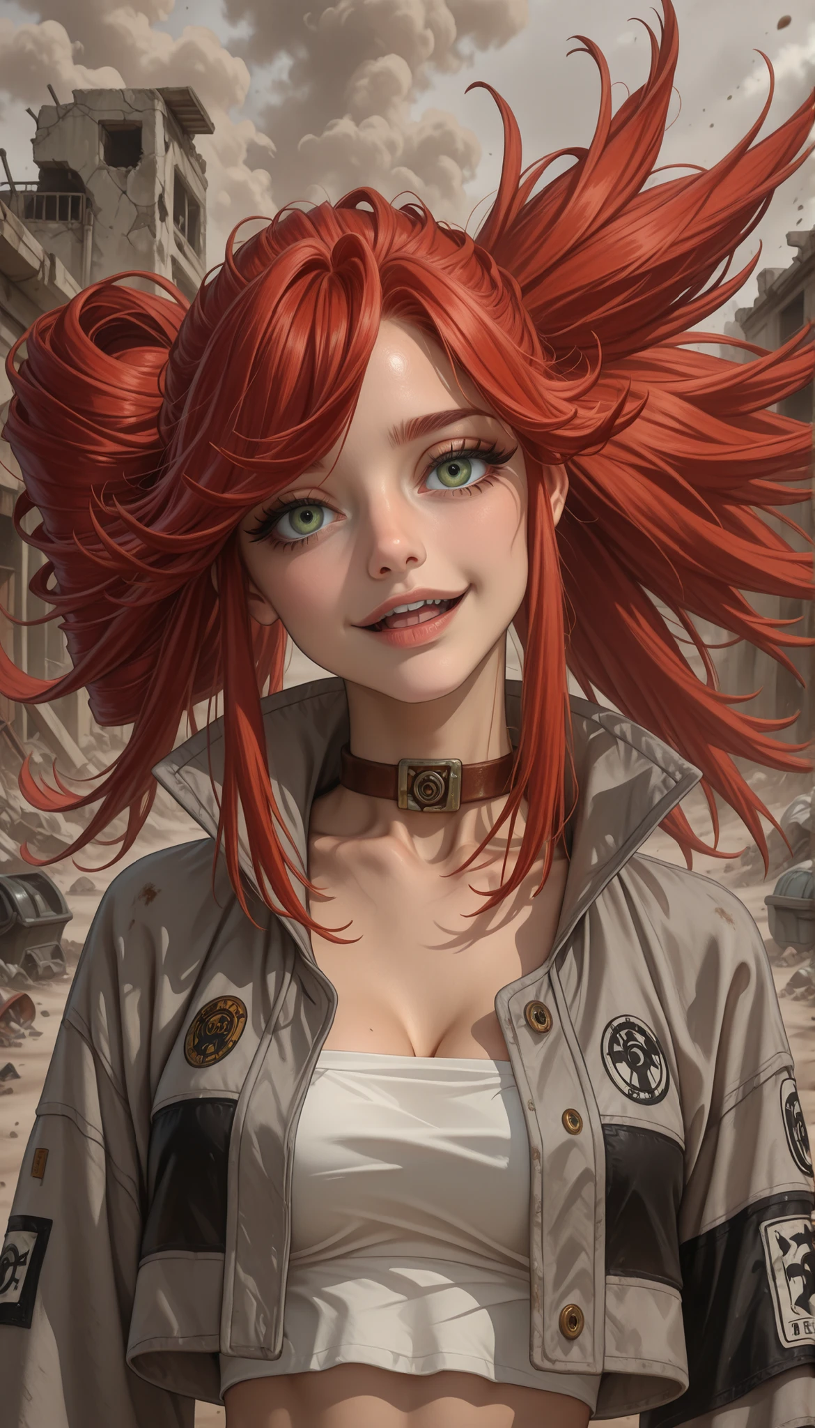 anime screencap, masterpiece, best quality,
1girl, solo, open mouth, light smile, upper teeth only, head tilt,ponytail, spiked hair, long hair, red hair, green eyes,brown choker, cropped jacket, grey jacket, white tube top, cleavage, small breasts,, long sleeves, sleeves past wrists, armband, looking at viewer, fisheye,
outdoors, grey background, dust cloud, ruins, trash, close up, face Focus, upper body, 8k, hyperrealstic details, hyperrealstic artwork