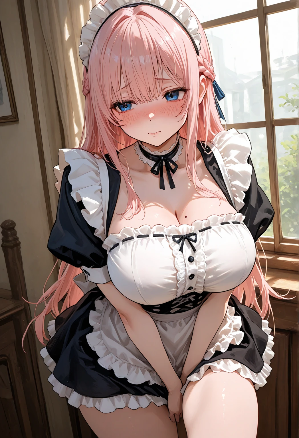 alone, masterpiece, best quality, Very detailed, delicate eyes,Predominant_Body,1 girl with big breasts,extra large breasts,Large bare breasts,Exposed cleavage,Wearing pink lolita,Wear black knee socks