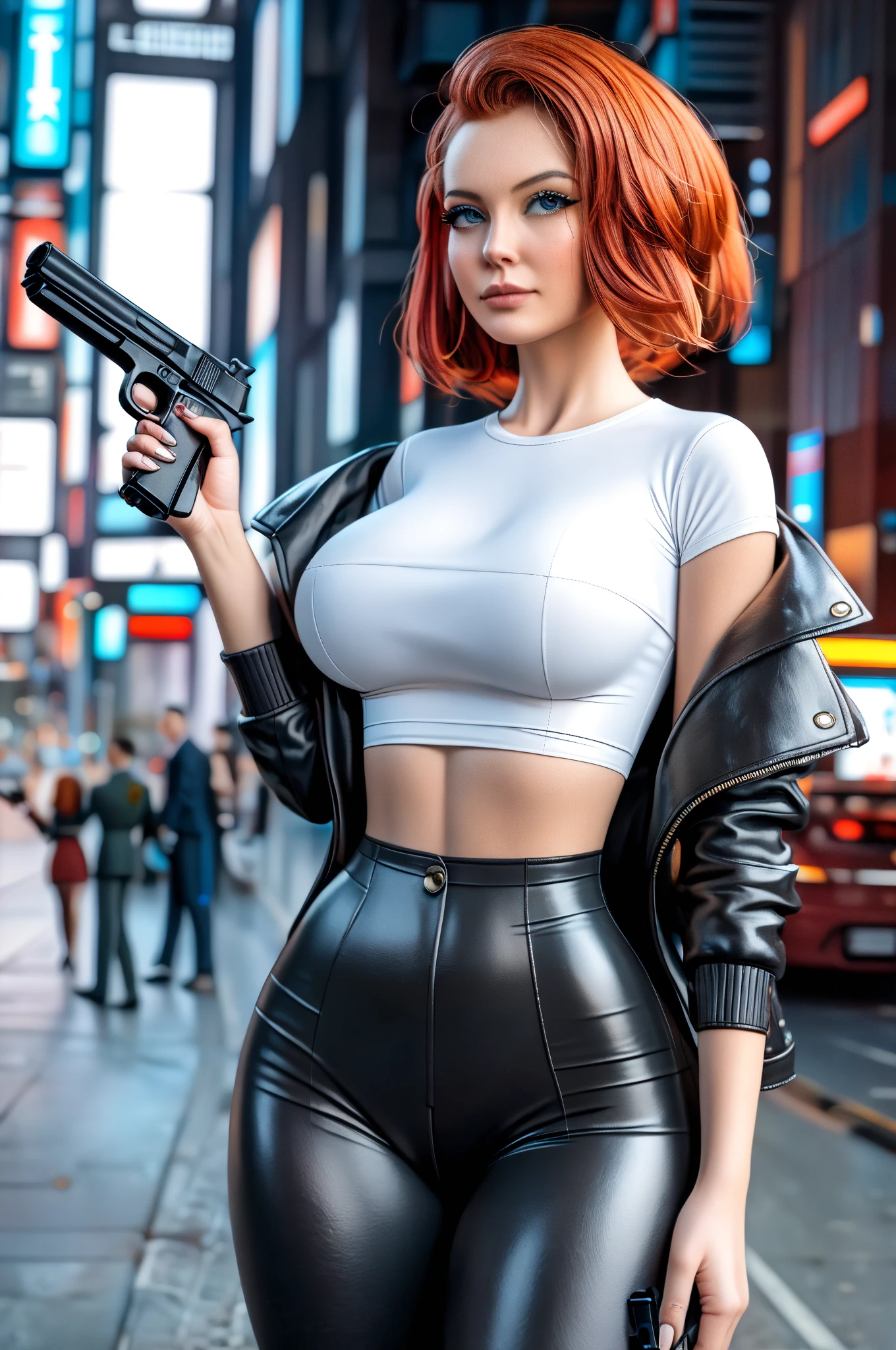 ultra high definition, ultra definition, best quality, ((masterpiece)), highres, colorful, artstation, concept art, smooth, sharp focus, illustration, sport girl, smoking, (holding a cigarette), 1girl, large breast, detailed face, delicate face, alone, sunglasses, focus on face, (((close-up face))), ((pov)), ((selfie)), (25 years old), european girl, long leather jacket, jacket over shoulders, long leather pants, leather sportbra, smoke, more smoke, red hair, we see her from below, combat boots, tribal tattoo, abandonned street, she's leaning forward, bending over, playful upper body, walking, jumping,
