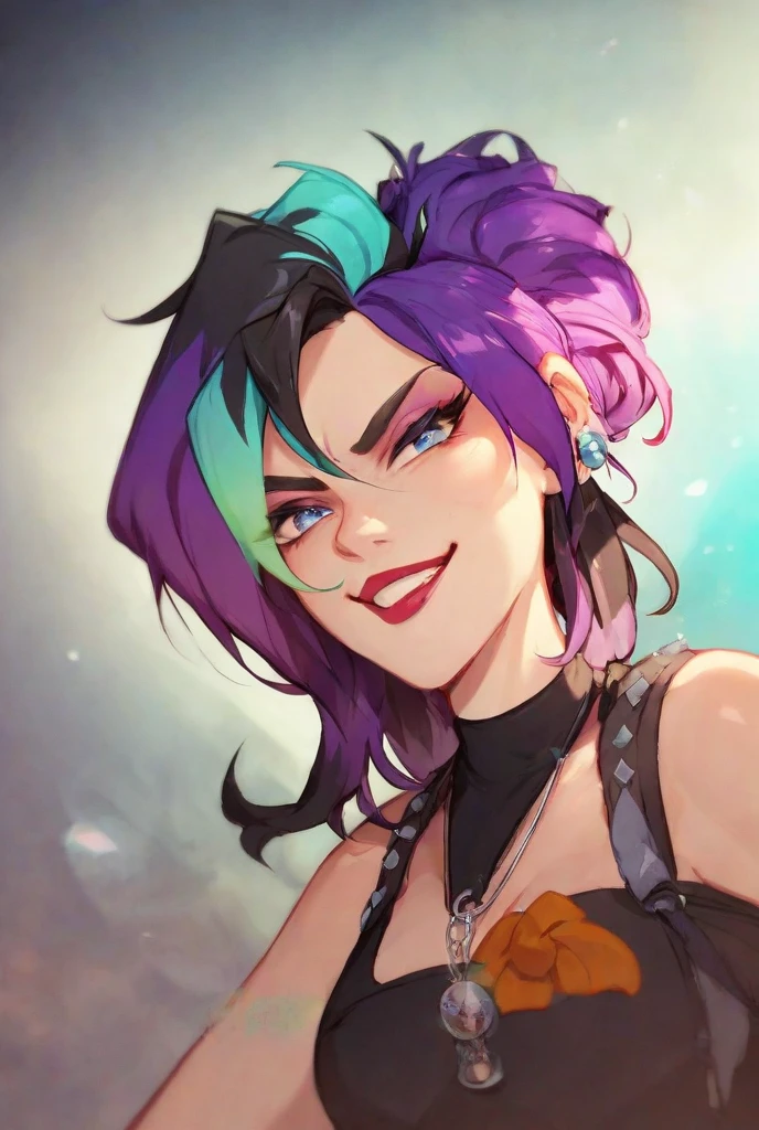 perfect eyes、 perfectly face、 ultra detailed 、ultra perfect eyes、Holo、1girls, purple skin, jumping, green color hair, full clothes, game character concept