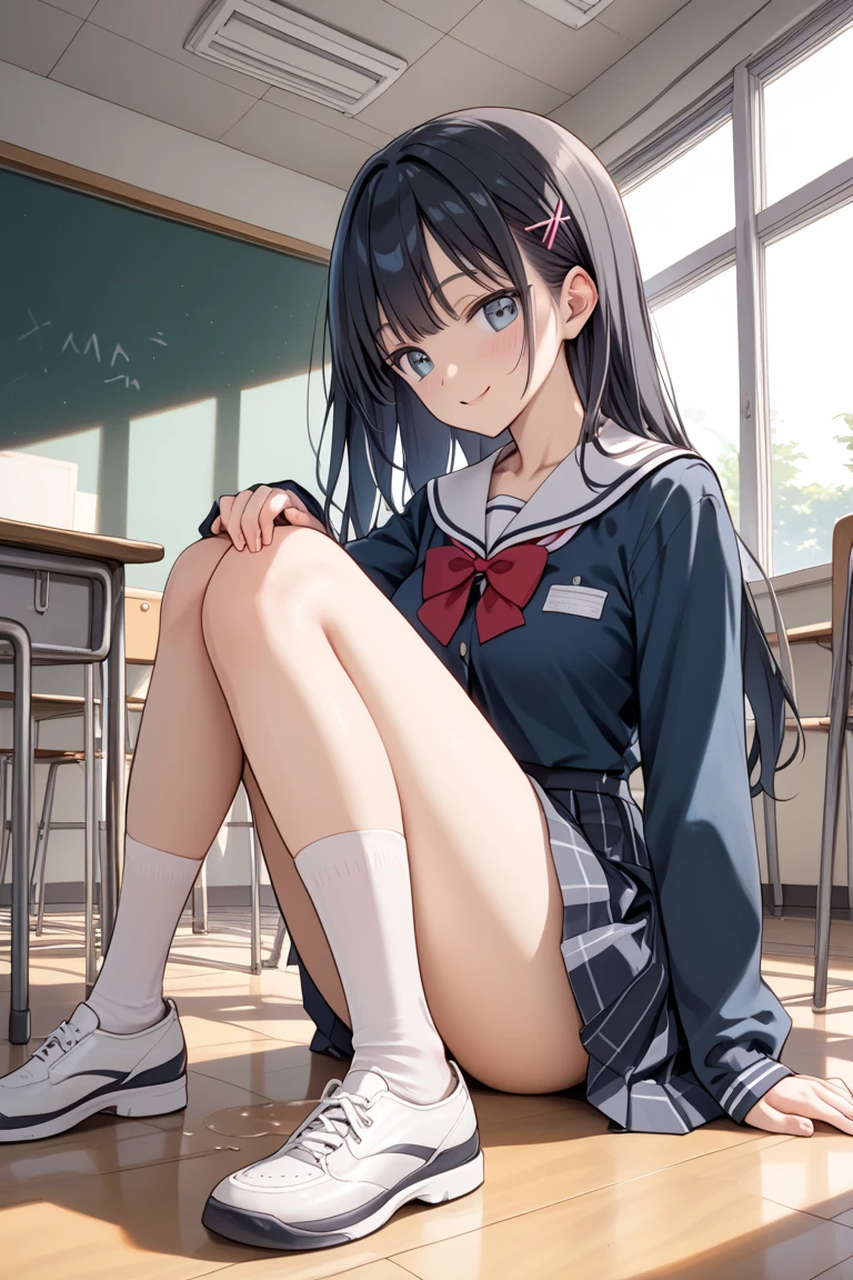 high school girl、Dressed in high 、School classroom、(Big Breasts)、((solo))、smirk,Cheek resting on hand、Crossing legs