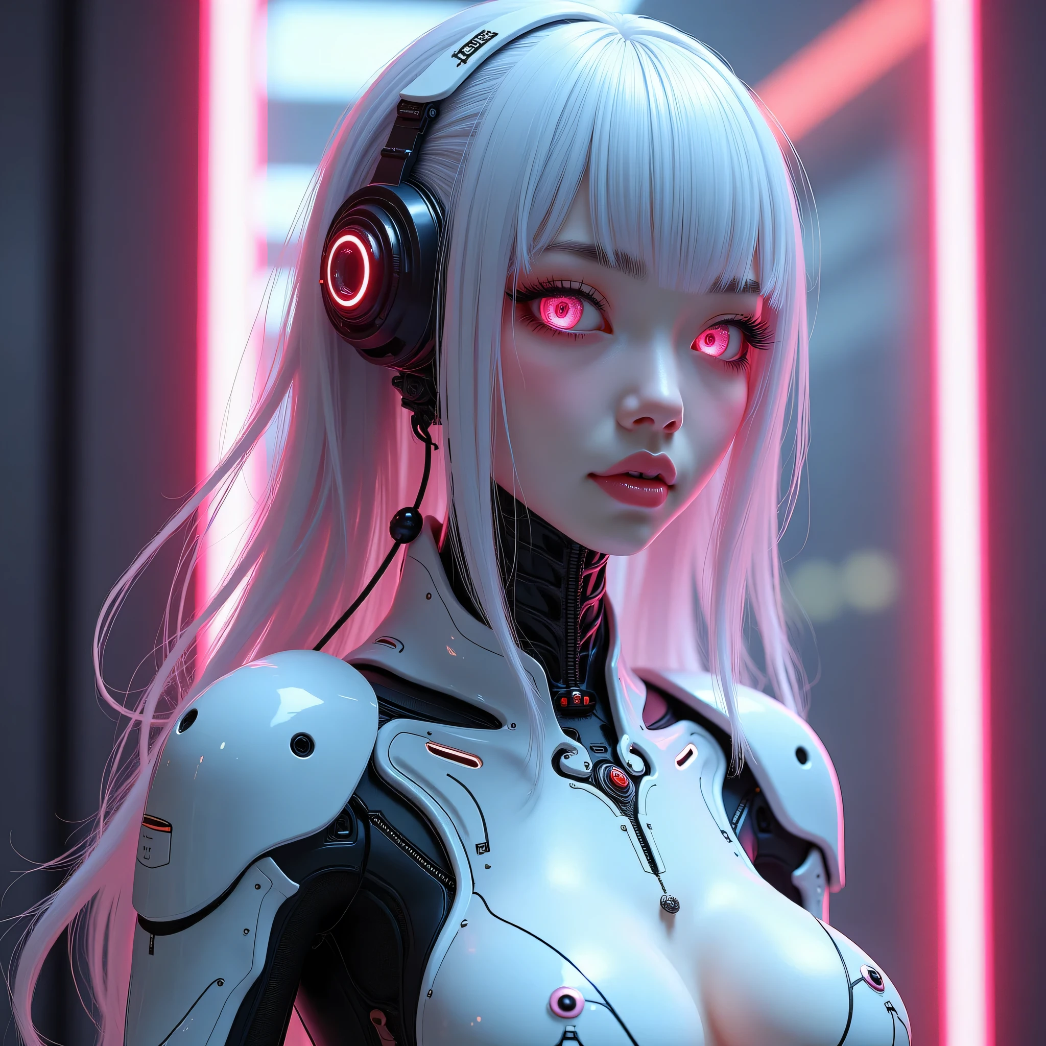 masterpiece) , (Highest Quality) , (very detailed) , (high resolution) , (best illustration) , 8k , Wallpaper (circuit))((Race Queen Outfit,)),)software、solo:1.2,android.android、女性型android、 sexaroid、,Not Human,real sticks(((white sci-fi style ceramic skin and face、inorganic mechanical face、smile、white helmet pink line、mechanic helmet、(big pink eyes with black eye sockets), tight waist、 Homeless girl with thin hands and feet 、Light Armor,big breastsを模倣した機械式胸部パーツ、(big breasts:1.5)、(nipples),(Race Queen Outfit)、 Energy Cores 、cyber headphones)))、,