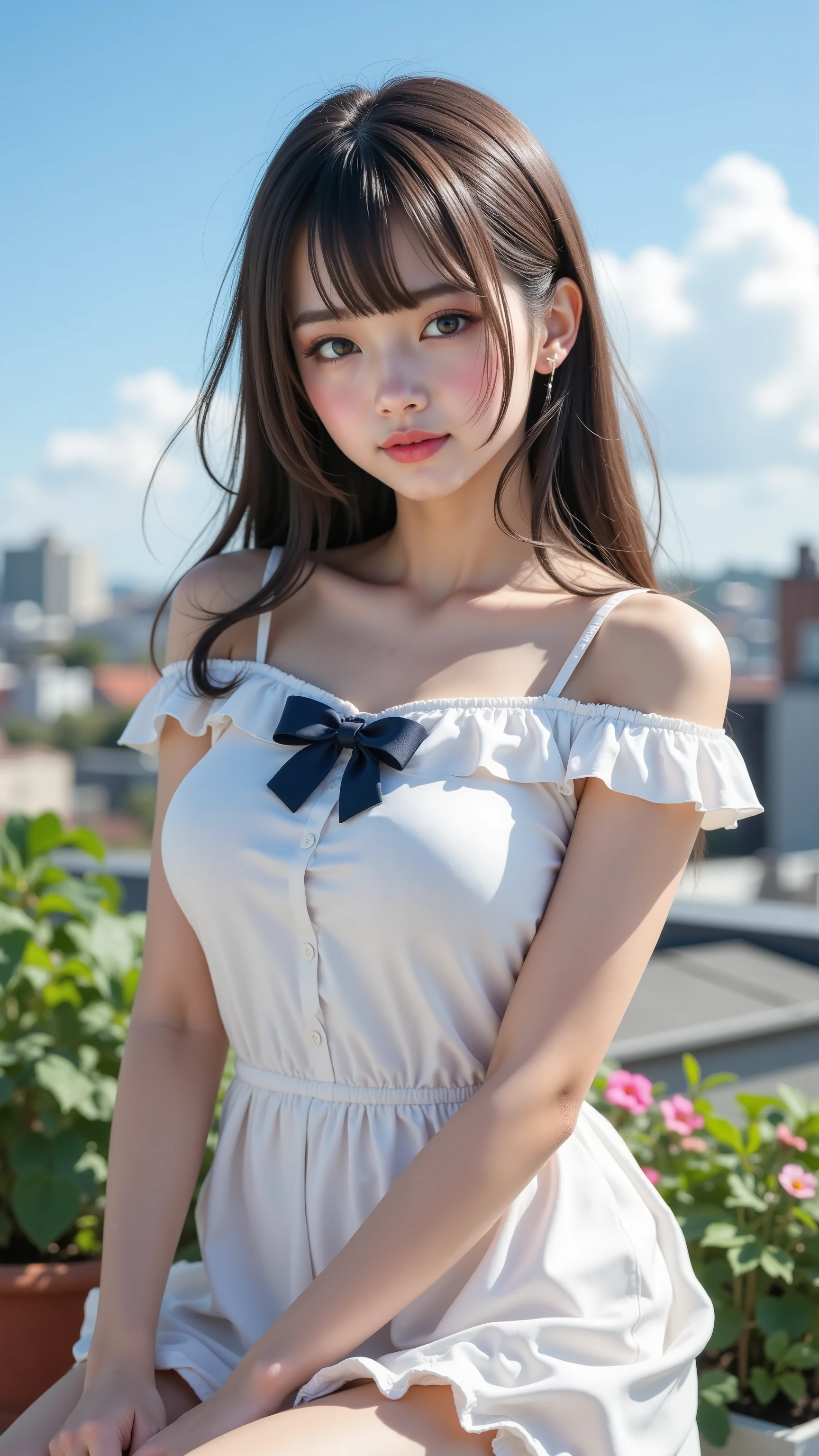 (Highest Quality、8k、32K、masterpiece、super high resolution:1.2)、
(Japanese Idols)、(Cute Japanese Girls)、tall、((giant chest、 cleft))、((Two Side Up Hairstyle))、Moisturizing Lips、cute side bang、bang、((Thin Fabric、Tight Dress))、((thin legs、tight waist))、( on the roof、garden、Blue Sky)、(high school students)、(Highest Quality、best quality、全身のmasterpiece)、Photoreality、ultra high definition