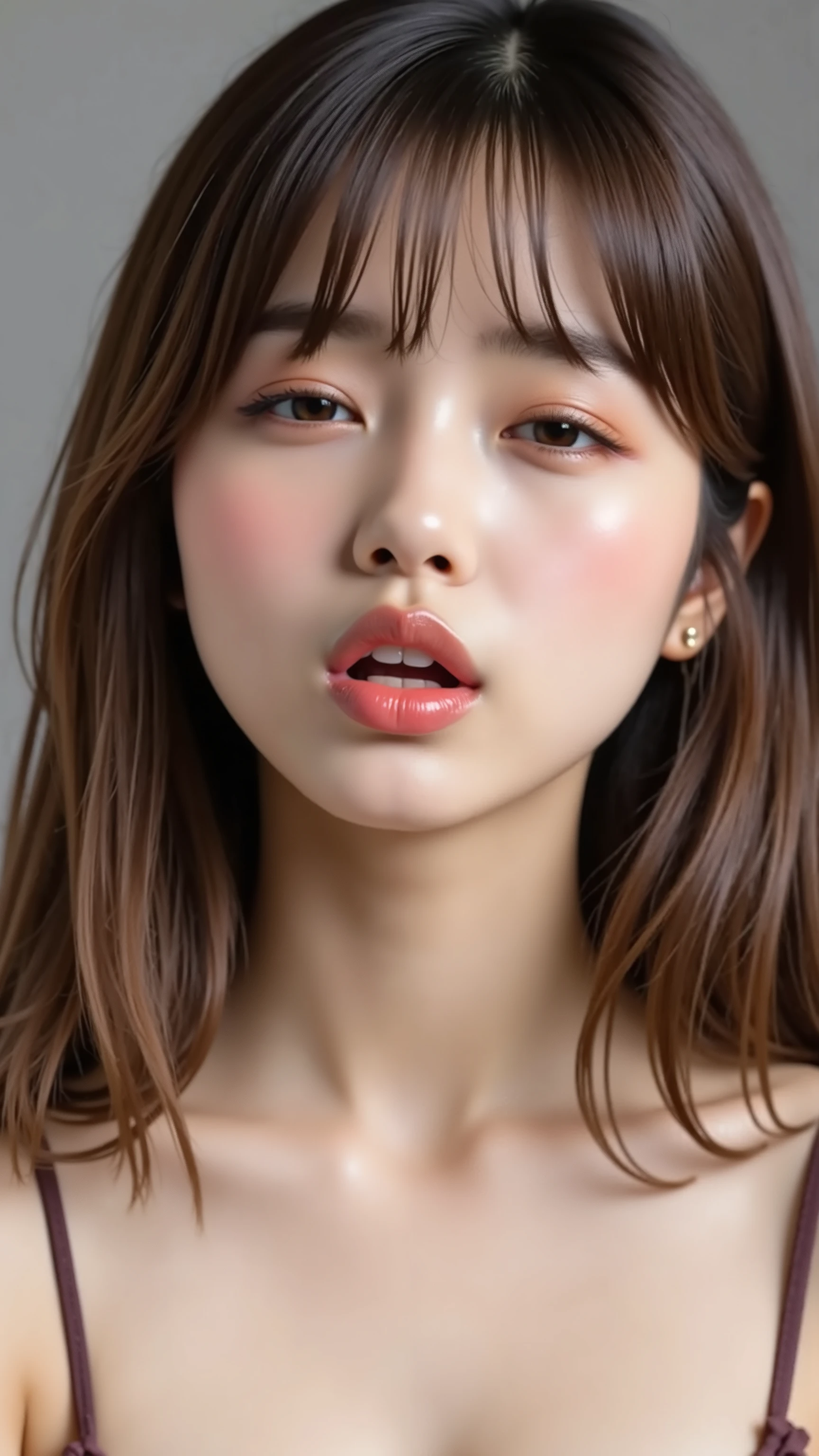 Japanese girls, cute camisole, big breasts,  cleft, Extremely pouty lips, Tightly pursed, round shape, Lips exaggeratedly thrust forward, Kissing face with full lips, SHINY, PLUMP, PALE PINK LIPS, Lips as main focus, with wet, glossy texture, Thin Waist,  strong highlights , Eyes vaguely narrowed with joy, A dreamy and melting smile, Blushed face and ears, shiny skin,  chin is slightly raised , Head gently tilted, Soft directional lighting in the studio, Camera angle 35° upward, 
