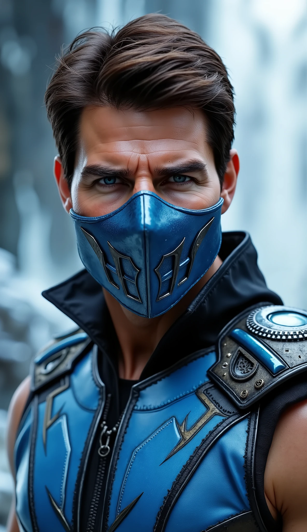 Ultra-realistic 8K cinematic portrait of Tom Cruise as Sub-Zero from  up, wearing icy blue and black armored ninja suit with sharp angular plates, metallic blue iron mask covering the lower half of his face with intricate engravings and dark blue accents, cold blue glowing eyes, frosty breath visible, cinematic depth of field, icy cave background with crystalline structures and cold mist, hyper-detailed textures on armor and metal mask, photorealistic cold lighting emphasizing the metallic sheen and icy atmosphere.