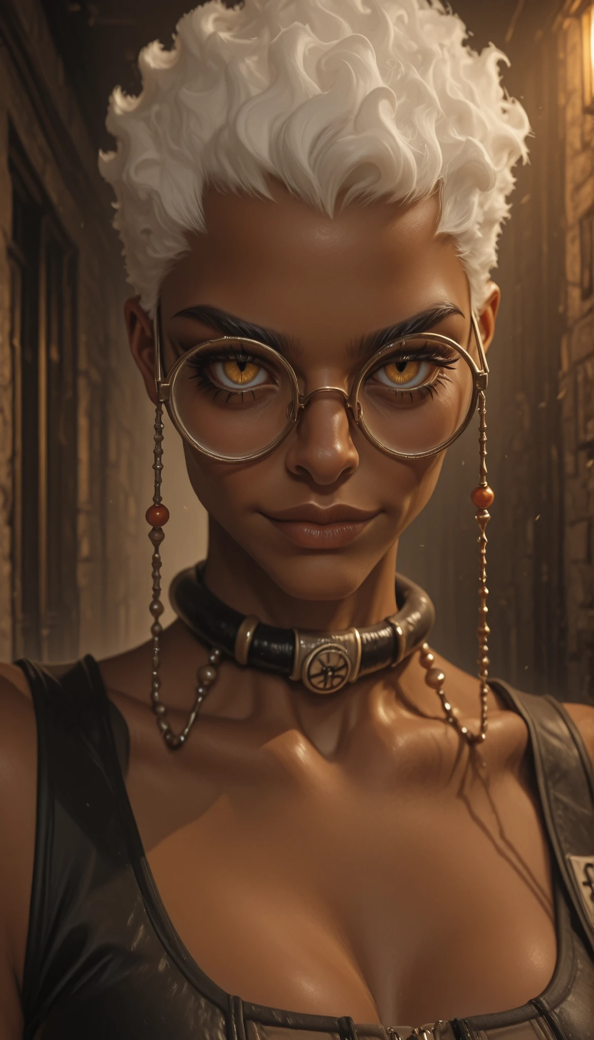 1woman, solo, lazypos, round glasses,Her glasses are connected by a beaded chain to her collar, manga-style, dark-skinned, Semiu Grier,fierce gaze, medium breasts, tight outfit emphasizing her athletic build, dark skin, light smile, white curls tousled by wind, cinematic lighting with deep shadows and highlights, muted post-apocalyptic color scheme, ultra-realistic, 8K, hyperrealstic details,upper body, face focus, close up