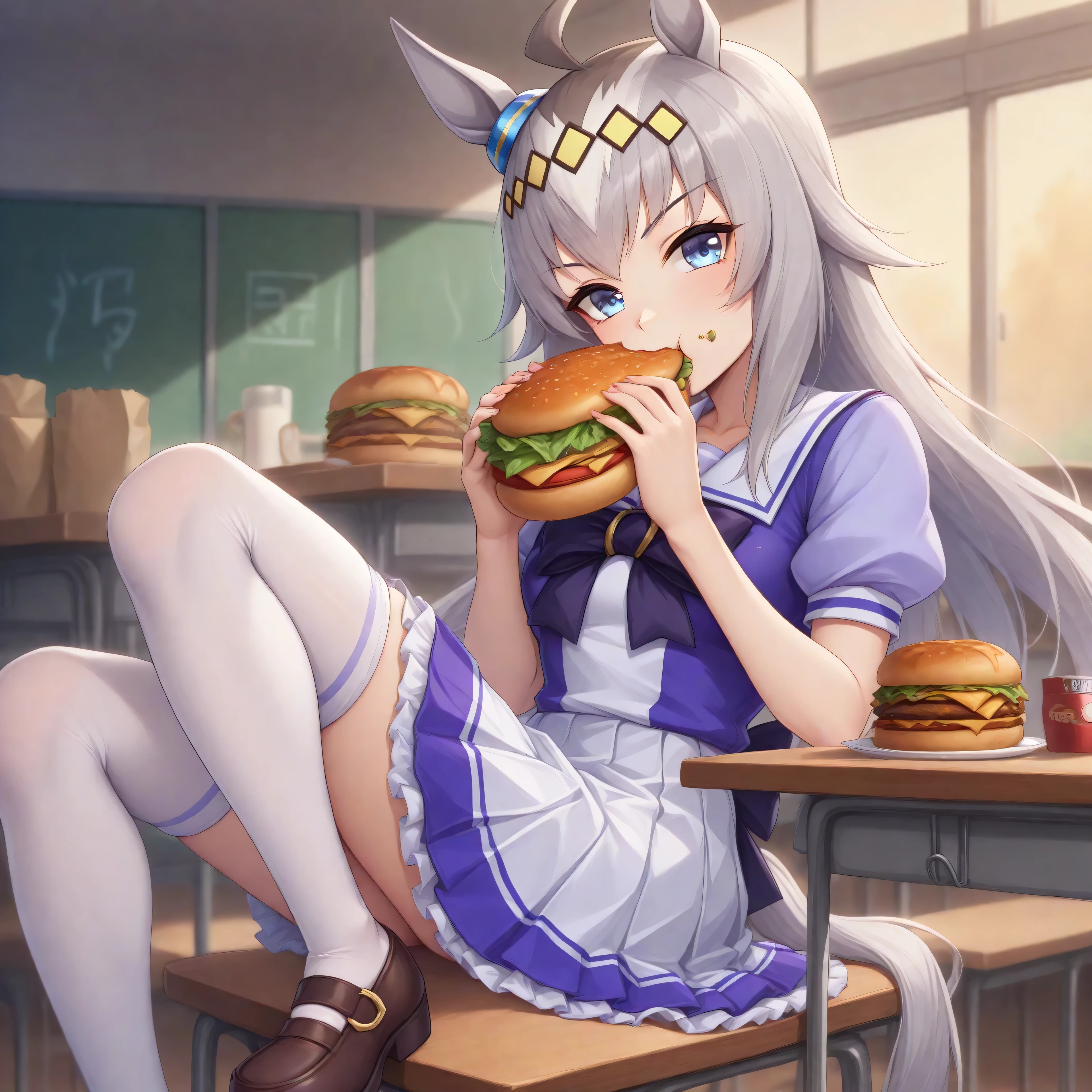 anime, lazypos, masterpiece, best quality, amazing quality, in school cafeteria, sitting at table, eating cheeseburger, looking over at viewer, 1girl, solo, ogdef, 1girl, long hair, horse ears, grey hair, ahoge, horse tail, blue eyes, multicolored hair, TracenShort, tracen school uniform, purple sailor shirt, white pleated skirt, white thighhighs, brown loafers, purple bow, puffy short sleeves,