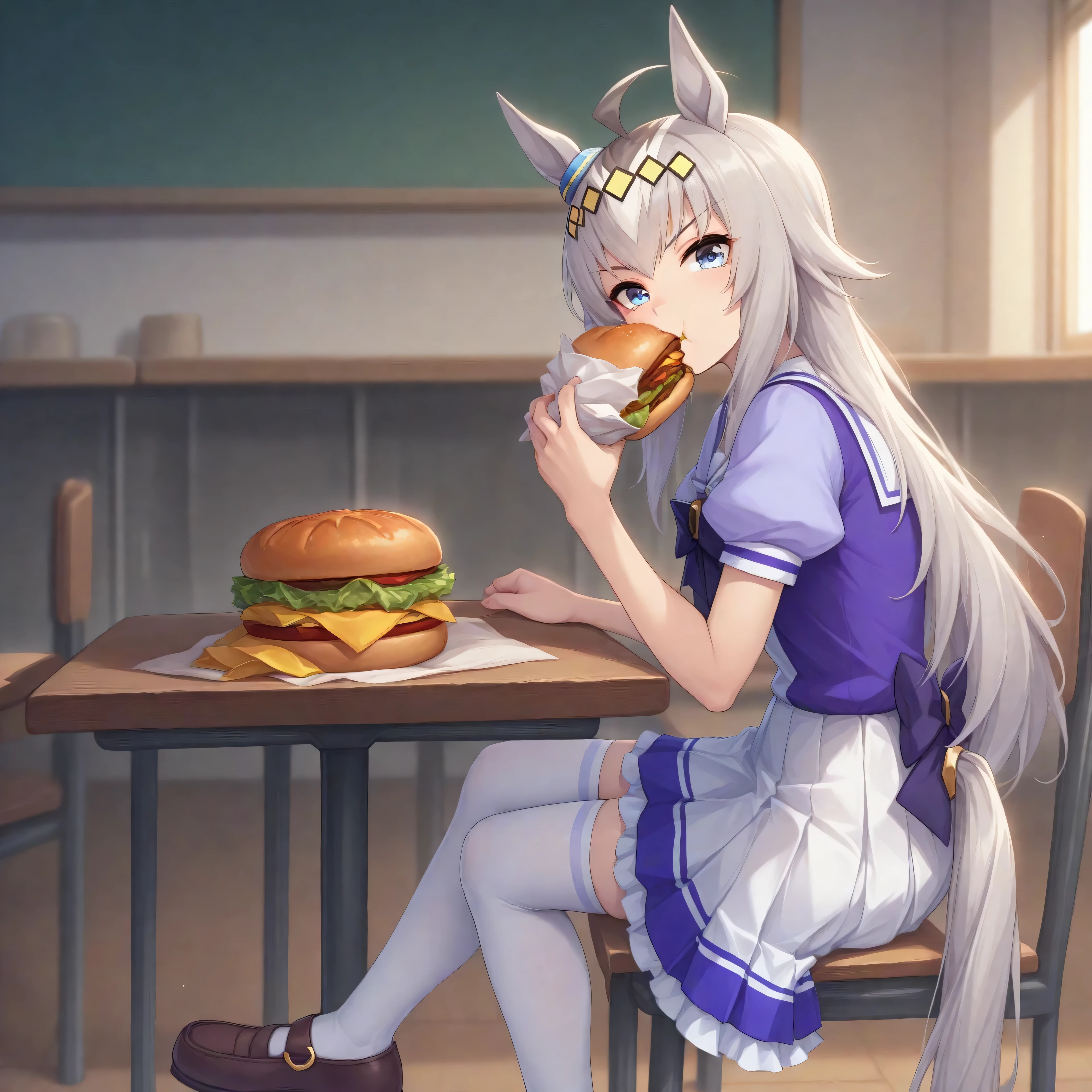 anime, lazypos, masterpiece, best quality, amazing quality, in school cafeteria, sitting at table, eating cheeseburger, looking over at viewer, 1girl, solo, ogdef, 1girl, long hair, horse ears, grey hair, ahoge, horse tail, blue eyes, multicolored hair, TracenShort, tracen school uniform, purple sailor shirt, white pleated skirt, white thighhighs, brown loafers, purple bow, puffy short sleeves,