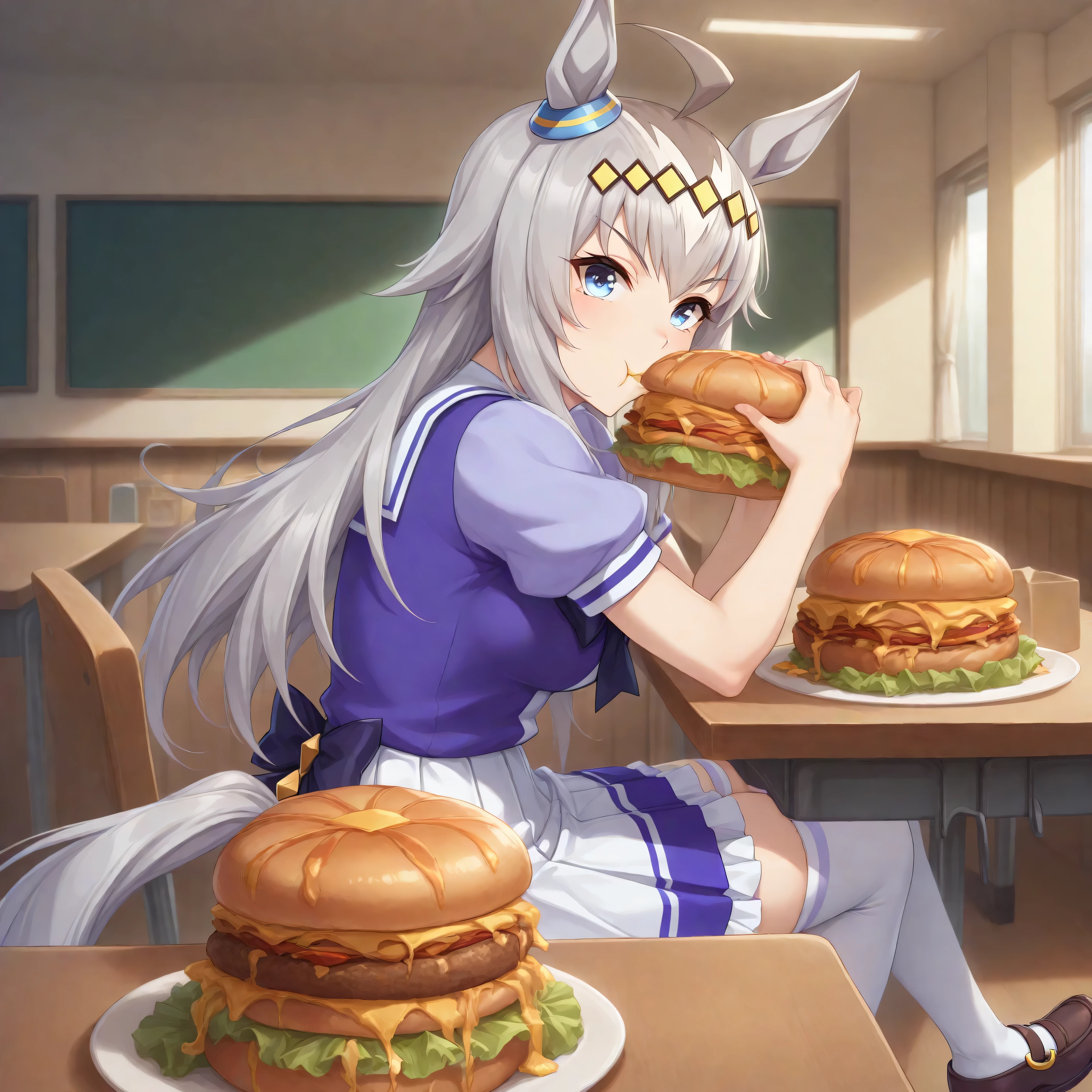 anime, lazypos, masterpiece, best quality, amazing quality, in school cafeteria, sitting at table, giant pile of cheeseburgers on table, eating cheeseburger, looking over at viewer, 1girl, solo, ogdef, 1girl, long hair, horse ears, grey hair, ahoge, horse tail, blue eyes, multicolored hair, TracenShort, tracen school uniform, purple sailor shirt, white pleated skirt, white thighhighs, brown loafers, purple bow, puffy short sleeves,