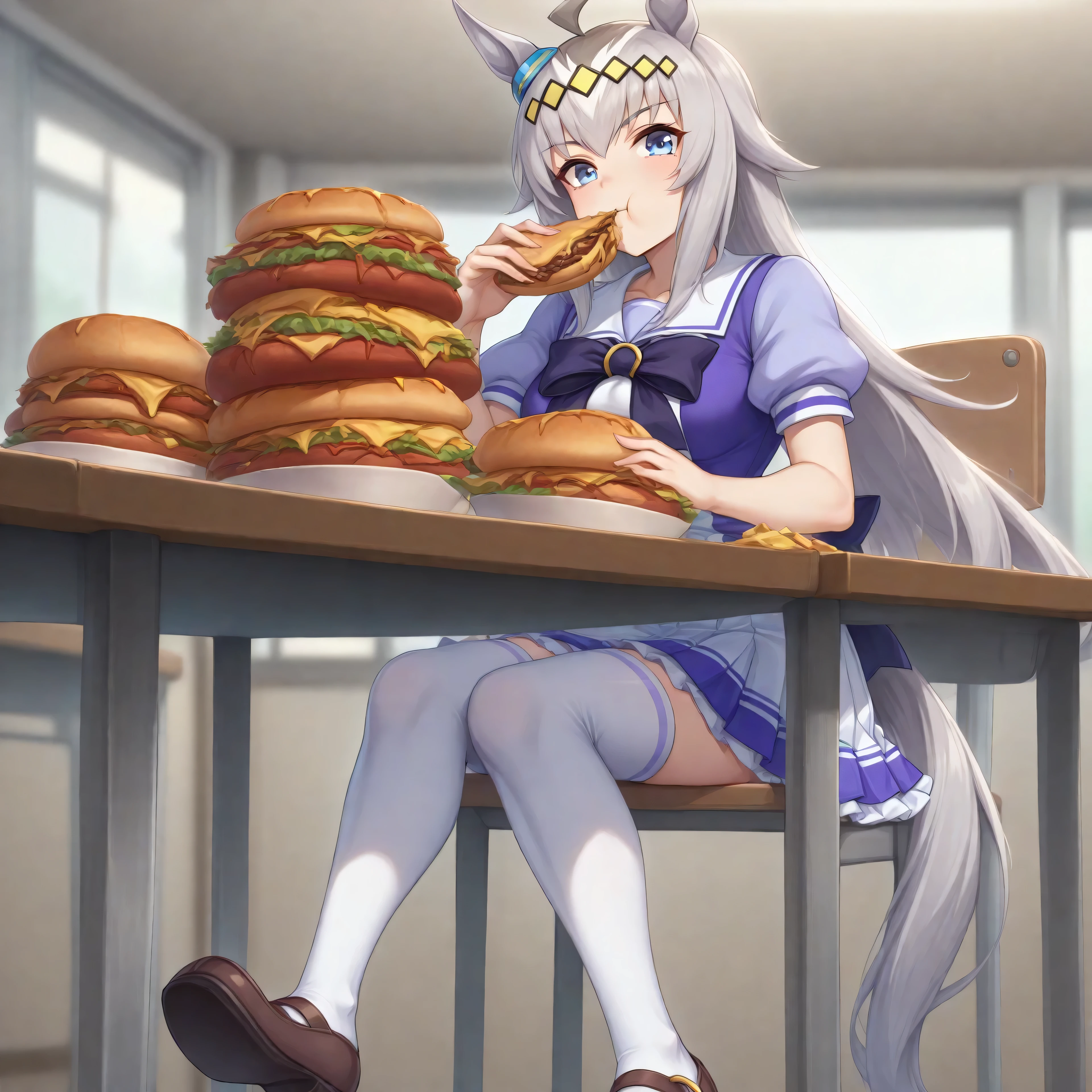anime, lazypos, masterpiece, best quality, amazing quality, in school cafeteria, sitting at table, giant pile of cheeseburgers on table, eating cheeseburger, looking over at viewer, 1girl, solo, ogdef, 1girl, long hair, horse ears, grey hair, ahoge, horse tail, blue eyes, multicolored hair, TracenShort, tracen school uniform, purple sailor shirt, white pleated skirt, white thighhighs, brown loafers, purple bow, puffy short sleeves,