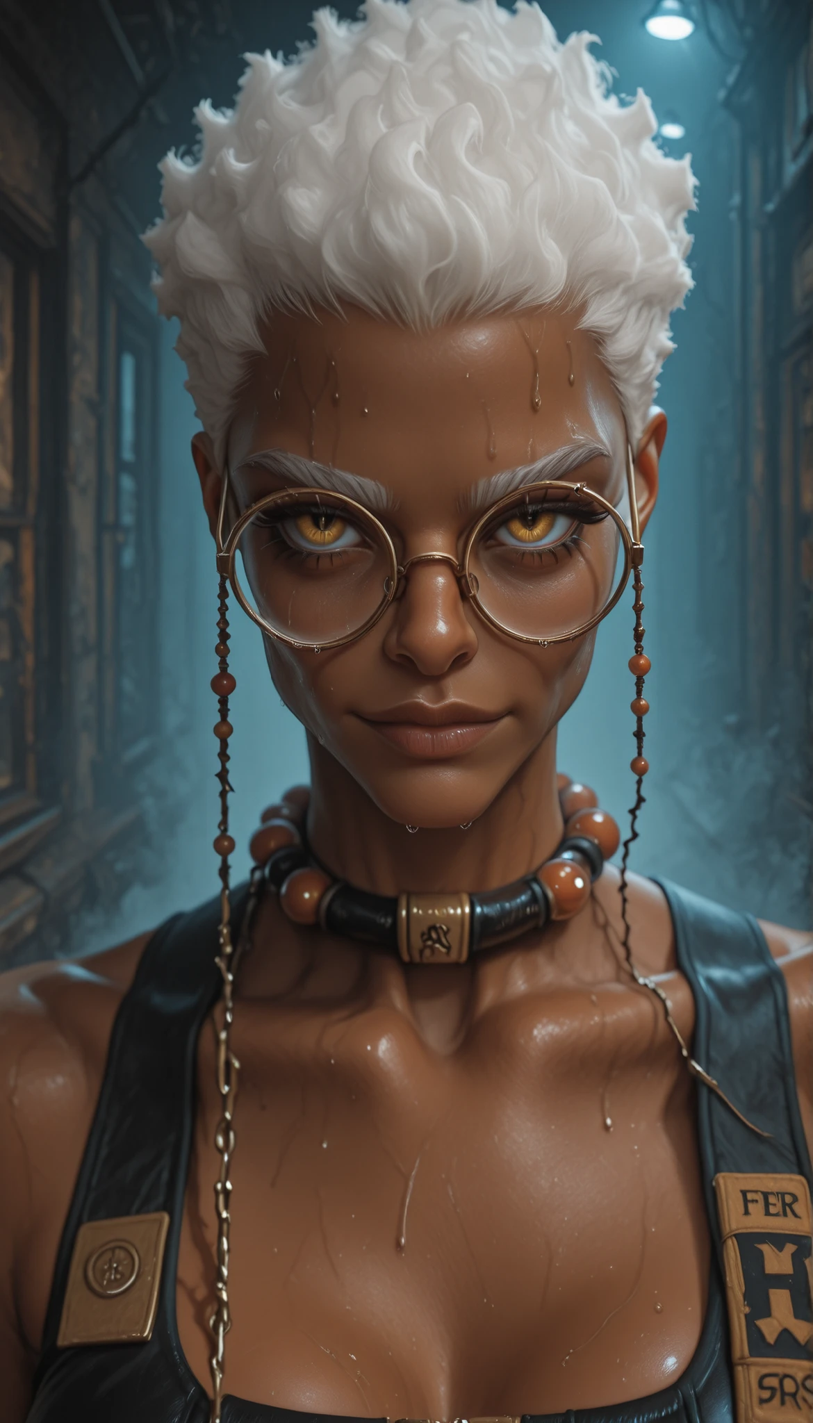 1woman, solo, lazypos, round glasses,Her glasses are connected by a beaded chain to her collar, manga-style, sweating, dark-skinned, Semiu Grier,fierce gaze, medium breasts, tight outfit emphasizing her athletic build, dark skin, light smile, white curls tousled by wind, cinematic lighting with deep shadows and highlights, muted post-apocalyptic color scheme, ultra-realistic, 8K, hyperrealstic details,upper body, face focus, close up