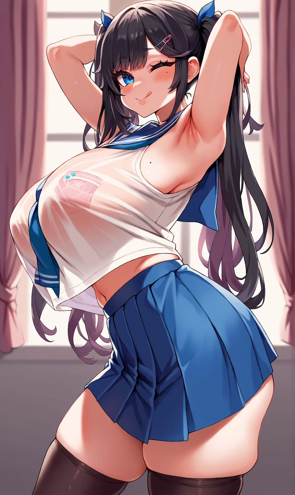 (masterpiece, best quality), front shot, 1girl, kawaii, (super big breasts, micro waist, very long legs:1.5), Very elongated thin body, short height, scrawny, tiny cute thin face, detailed face, cute smile, serafuku, Showing pink nipples, pigeon-toed, wet sweaty, big visible ribs, (Black medium hair), sex with big penis ugly body , standing boggy, V sign