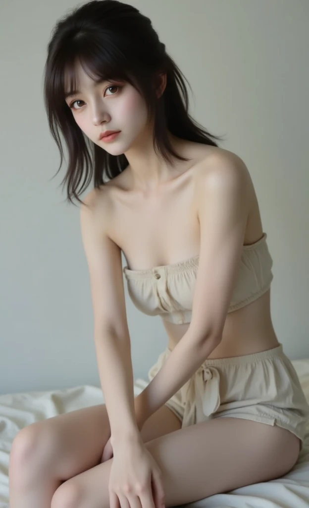 ((highest quality), 4k, High resolution, masterpiece), 

(Full Body Shot), (front view), 
Bright Morning, (Professional lighting:1.2), 

(neat and clean 10 yo japanese girl:1.6), 

(flat chest:1.4), (a young and slight body:1.2), (a thin and delicate body:1.2), Delicate clavicle, Narrow shoulders, Thin arms, low chest, (Tight waist1.2), (small ass:1.2), (Thin legs), (Thin thighs), Thin neck, Pale skin, barefoot, 

((Staring into the camera)), 

((detailed beautiful face:1.6)), (Little baby face:1.3), (small face:1.2), (No makeup:1.6), 
((Beautifully detailed eyes:1.6)), (Symmetrical eyes:1.4), Dark brown eyes, Big round eyes, Shining Eyes, double eyelid, Delicate eyebrows, Moist lips, parted lips, 

topknot, open forehead, nsfw, 
very thin camisole, (small nipples clearly visible:1.4), 
Sitting on sofa at living, (Spread legs boldly:1.4), (pussy with no hairs:1.4), (bashful:1.4)