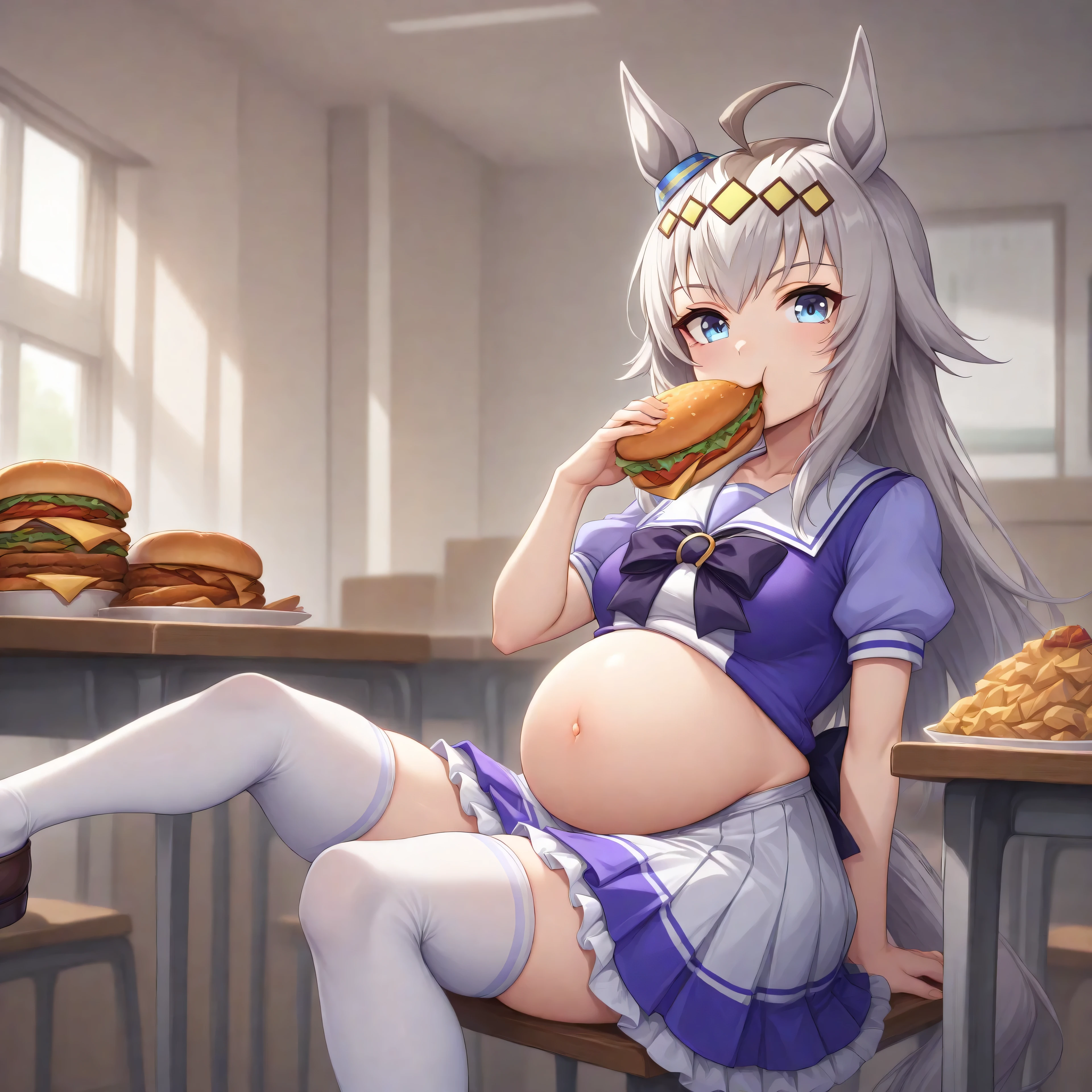 anime, lazypos, masterpiece, best quality, amazing quality, in school cafeteria, sitting at table, giant pile of cheeseburgers on table, eating cheeseburger, looking over at viewer, 1girl, solo, ogdef, 1girl, long hair, horse ears, grey hair, ahoge, horse tail, blue eyes, multicolored hair, TracenShort, tracen school uniform, purple sailor shirt, white pleated skirt, white thighhighs, brown loafers, purple bow, puffy short sleeves, navel, big belly, burping,