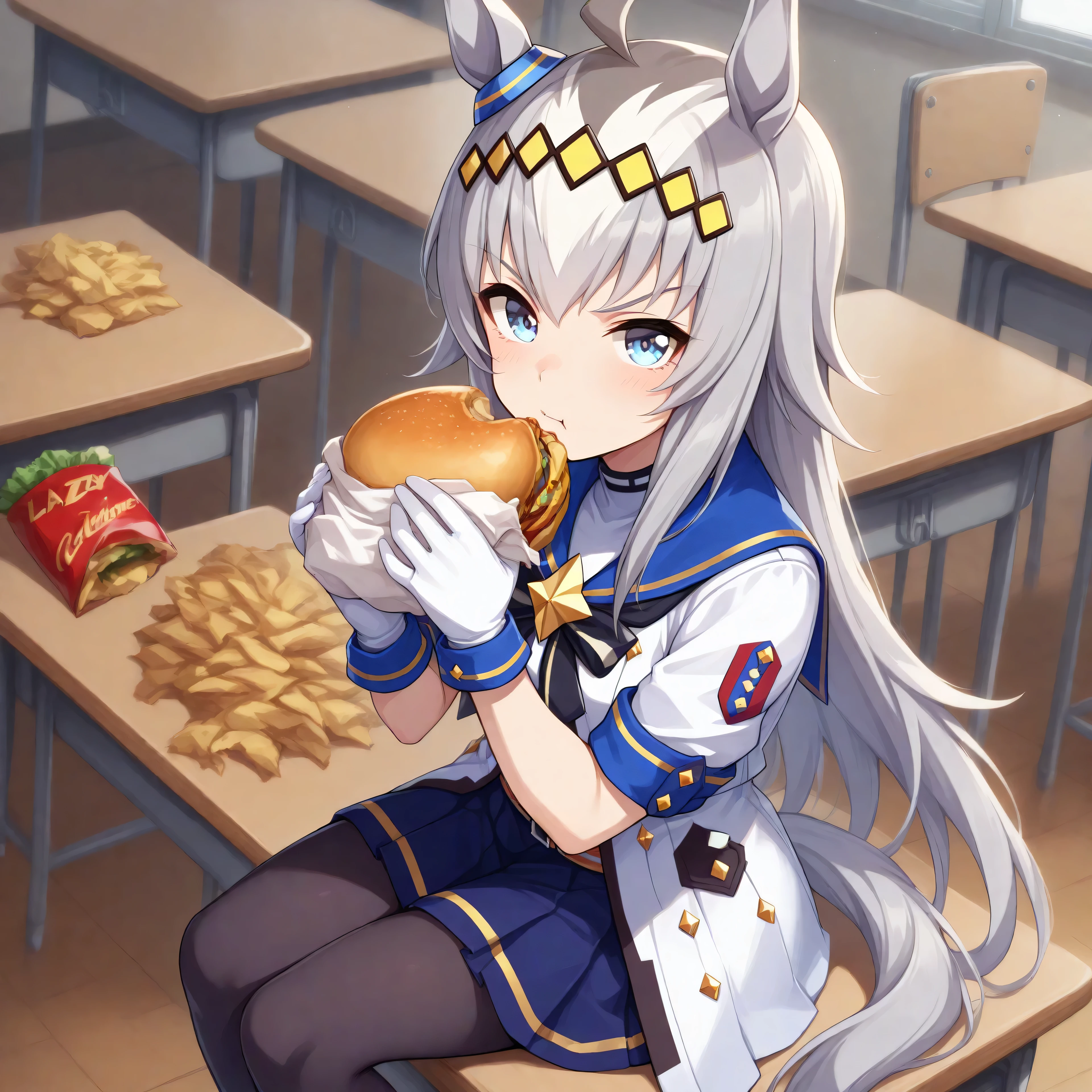 anime, lazypos, masterpiece, best quality, amazing quality, in school cafeteria, sitting on table, holding cheeseburger, looking at viewer, 1girl, solo, ogdef, 1girl, long hair, horse ears, grey hair, ahoge, horse tail, blue eyes, multicolored hair, white clothes, skirt, white jacket, Short sleeve, white gloves, pantyhose,