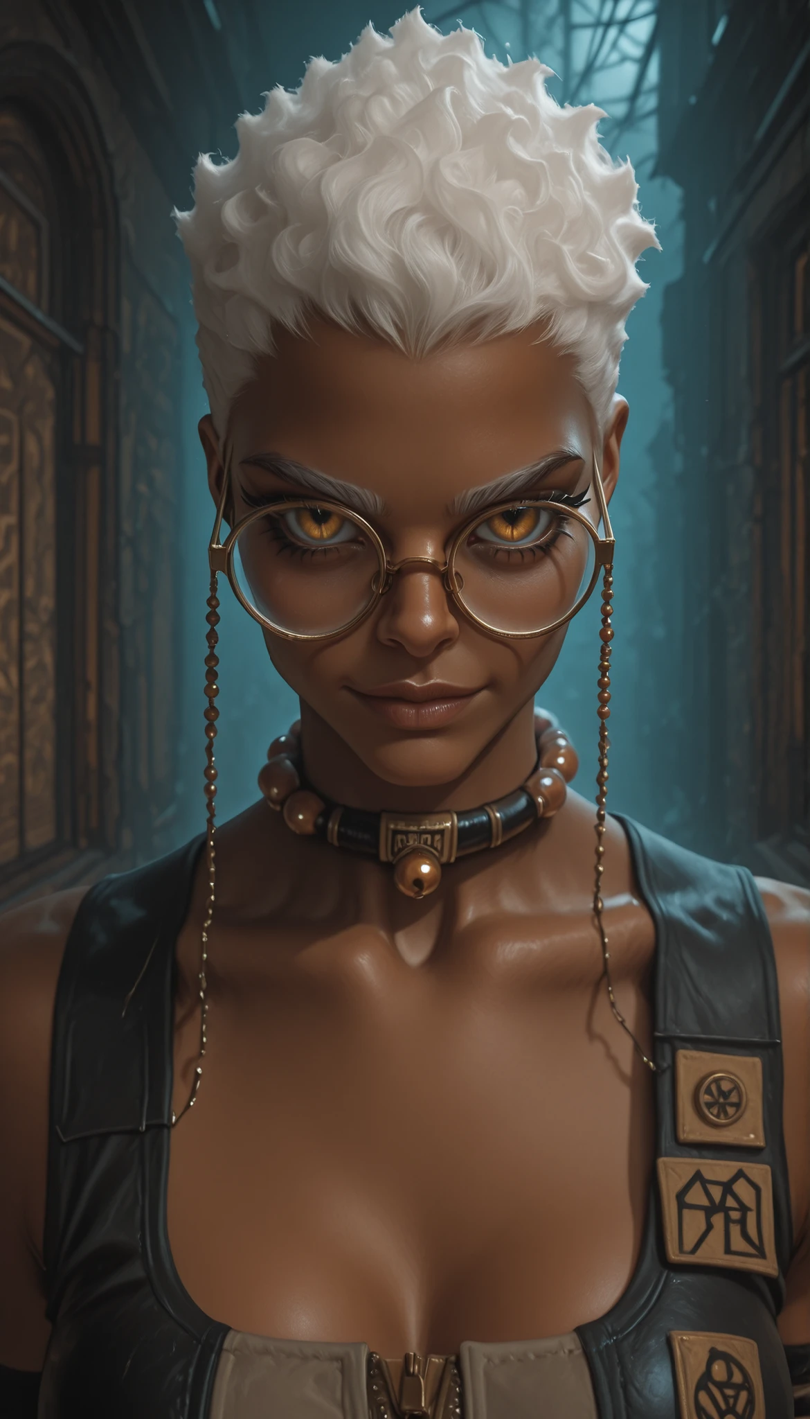 1woman, solo, lazypos, round glasses,Her glasses are connected by a beaded chain to her collar, manga-style, dark-skinned, Semiu Grier,fierce gaze, medium breasts, tight outfit emphasizing her athletic build, dark skin, light smile, white curls tousled by wind, cinematic lighting with deep shadows and highlights, muted post-apocalyptic color scheme, ultra-realistic, 8K, hyperrealstic details,upper body, face focus, close up