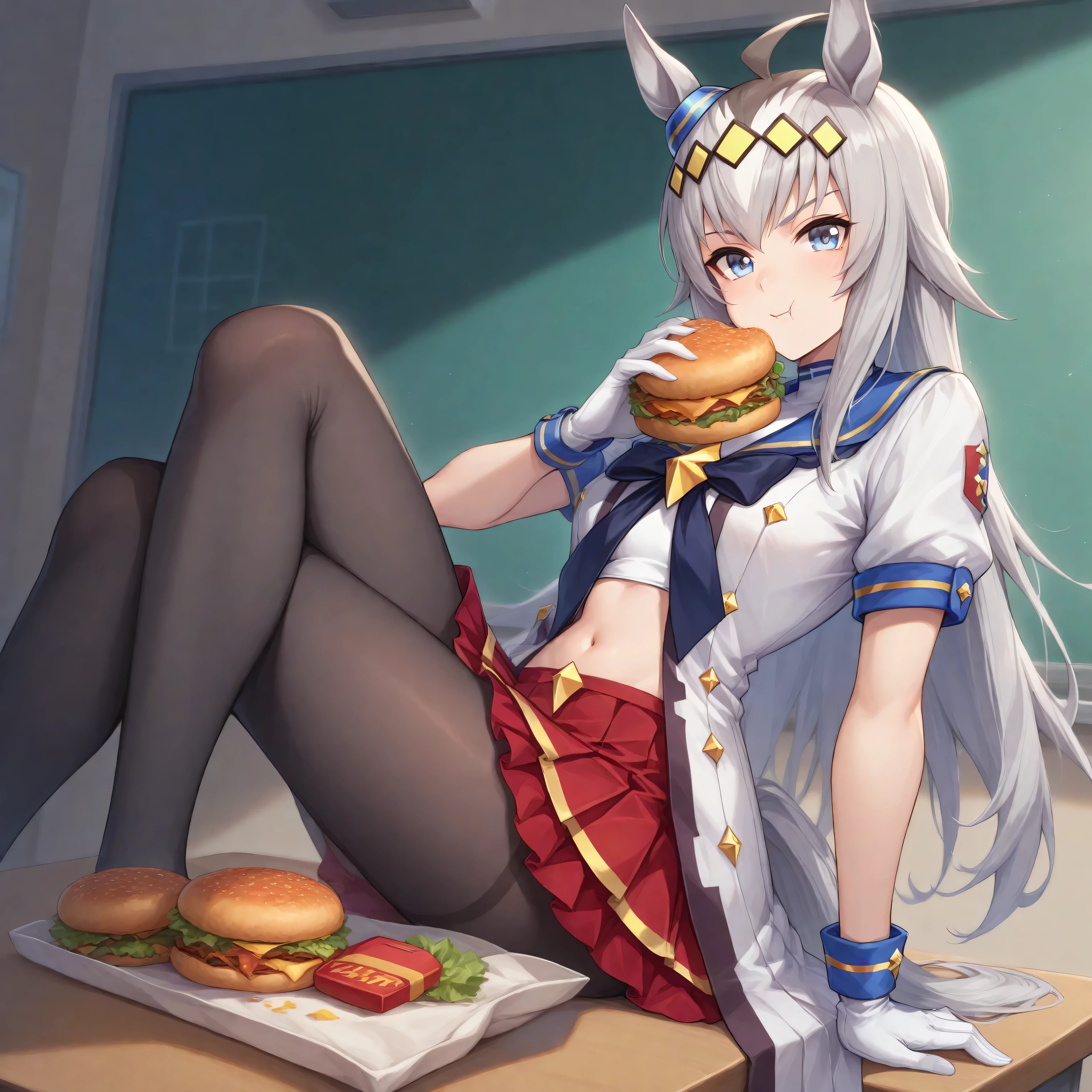 anime, lazypos, masterpiece, best quality, amazing quality, in school cafeteria, sitting on table, holding cheeseburger, looking at viewer, 1girl, solo, ogdef, 1girl, long hair, horse ears, grey hair, ahoge, horse tail, blue eyes, multicolored hair, white clothes, skirt, white jacket, Short sleeve, white gloves, pantyhose, navel, midriff, white thong,