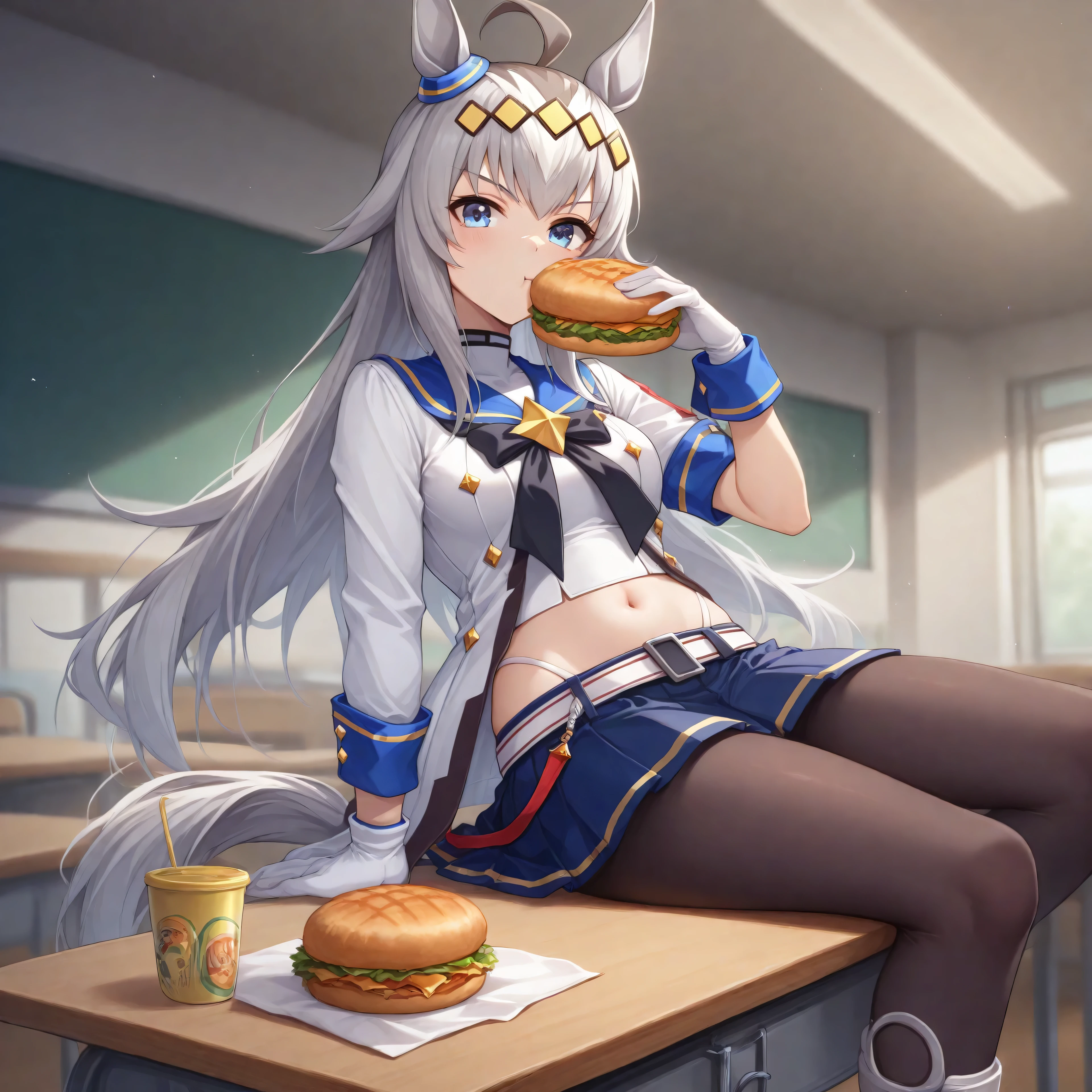 anime, lazypos, masterpiece, best quality, amazing quality, in school cafeteria, sitting on table, holding cheeseburger, looking at viewer, 1girl, solo, ogdef, 1girl, long hair, horse ears, grey hair, ahoge, horse tail, blue eyes, multicolored hair, white clothes, skirt, white jacket, Short sleeve, white gloves, pantyhose, navel, midriff, white thong,