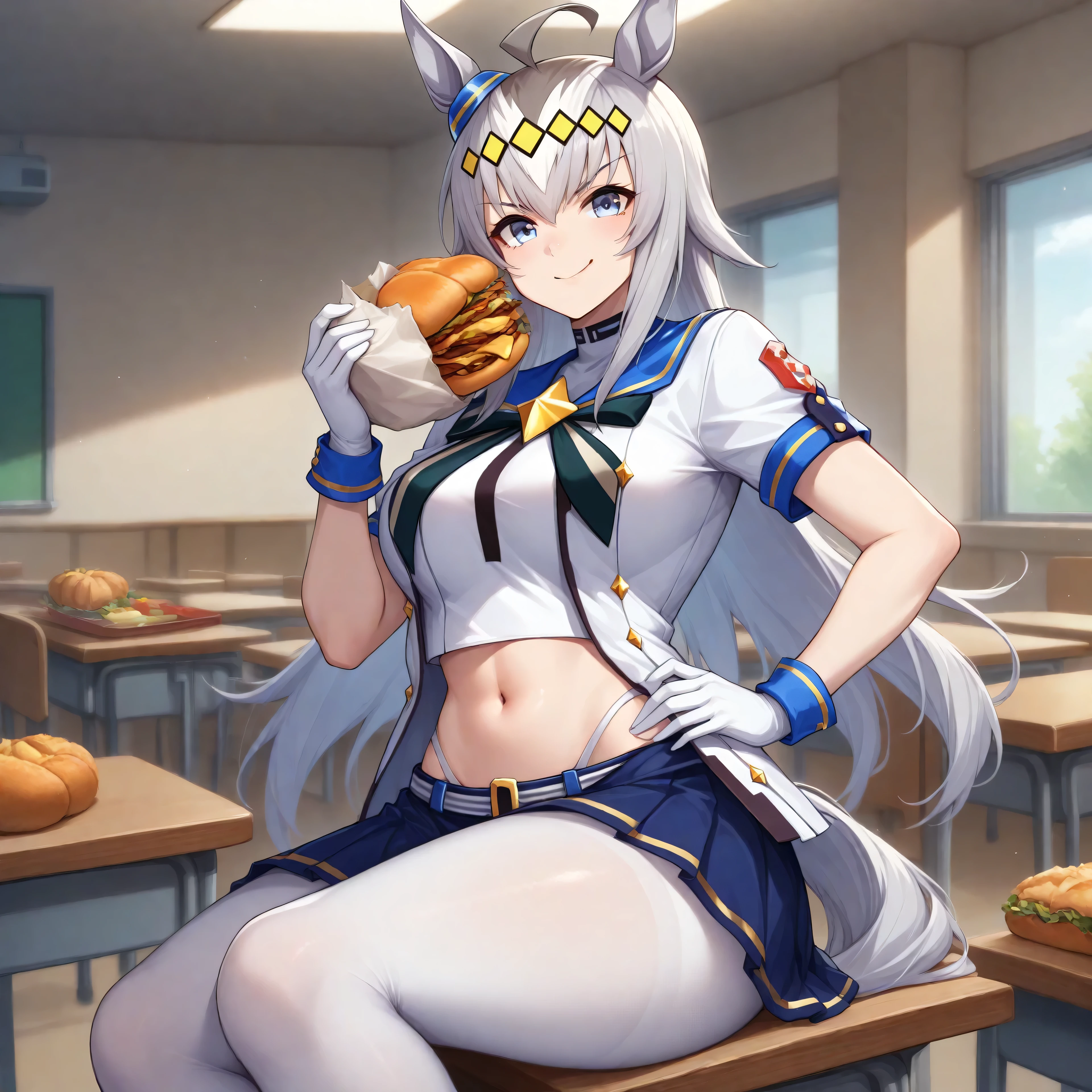 anime, lazypos, masterpiece, best quality, amazing quality, in school cafeteria, sitting on table, holding cheeseburger, looking at viewer, 1girl, solo, ogdef, 1girl, long hair, horse ears, grey hair, ahoge, horse tail, blue eyes, multicolored hair, white clothes, skirt, white jacket, Short sleeve, white gloves, pantyhose, navel, midriff, white thong,