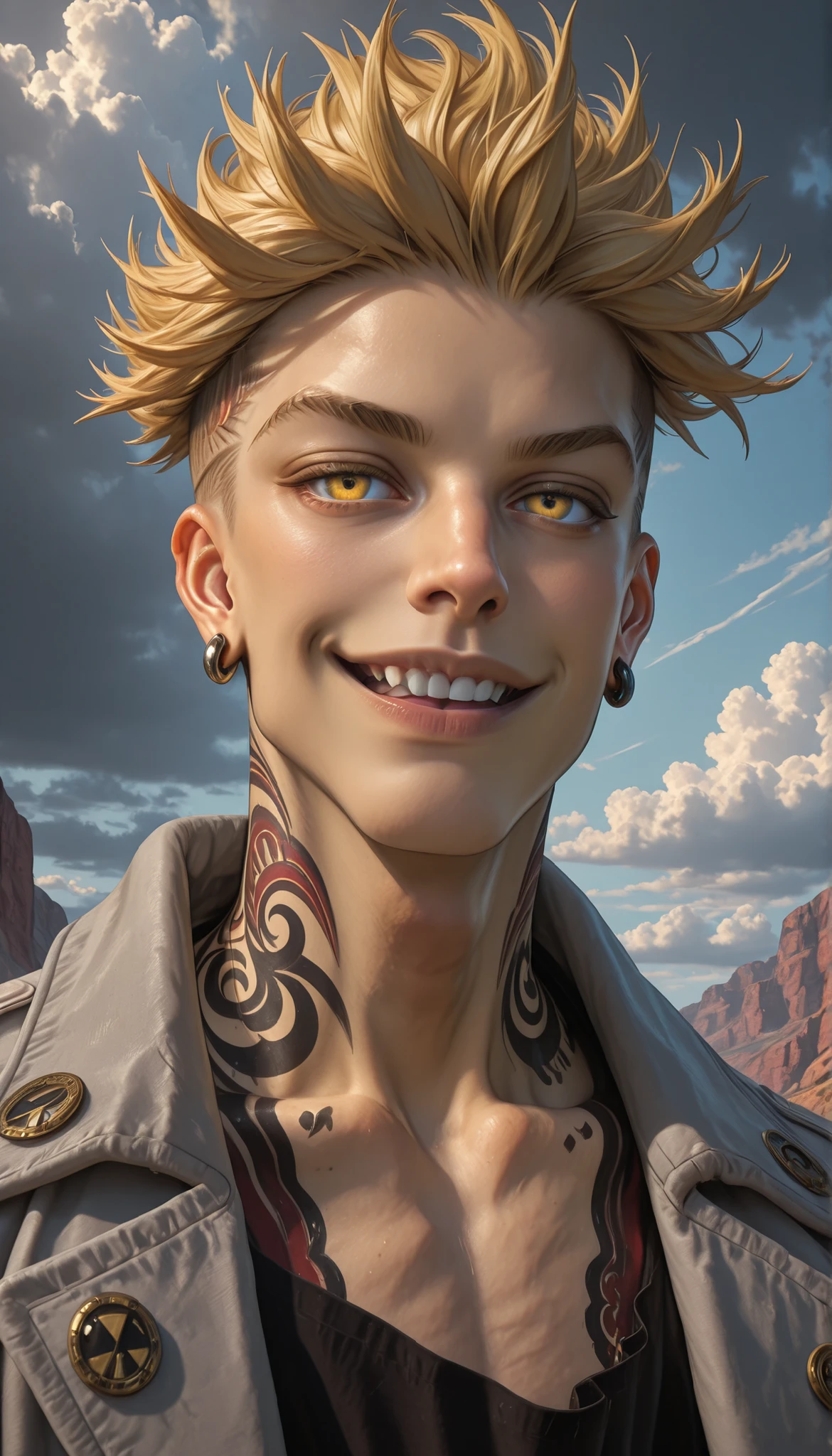 masterpiece, best quality, absurdres, enjin_gachiakuta, 1boy, male focus, solo, tattoo, jewelry, blonde hair, neck tattoo, earrings, yellow eyes, jacket, smile, open mouth, collarbone, short hair, teeth, cloud, sky, portrait, undercut, cloudy sky, spiked hair, looking at viewer, outdoors, grey jacket, upper body, upper teeth only  , 8k, hyperrealstic details, hyperrealstic artwork 