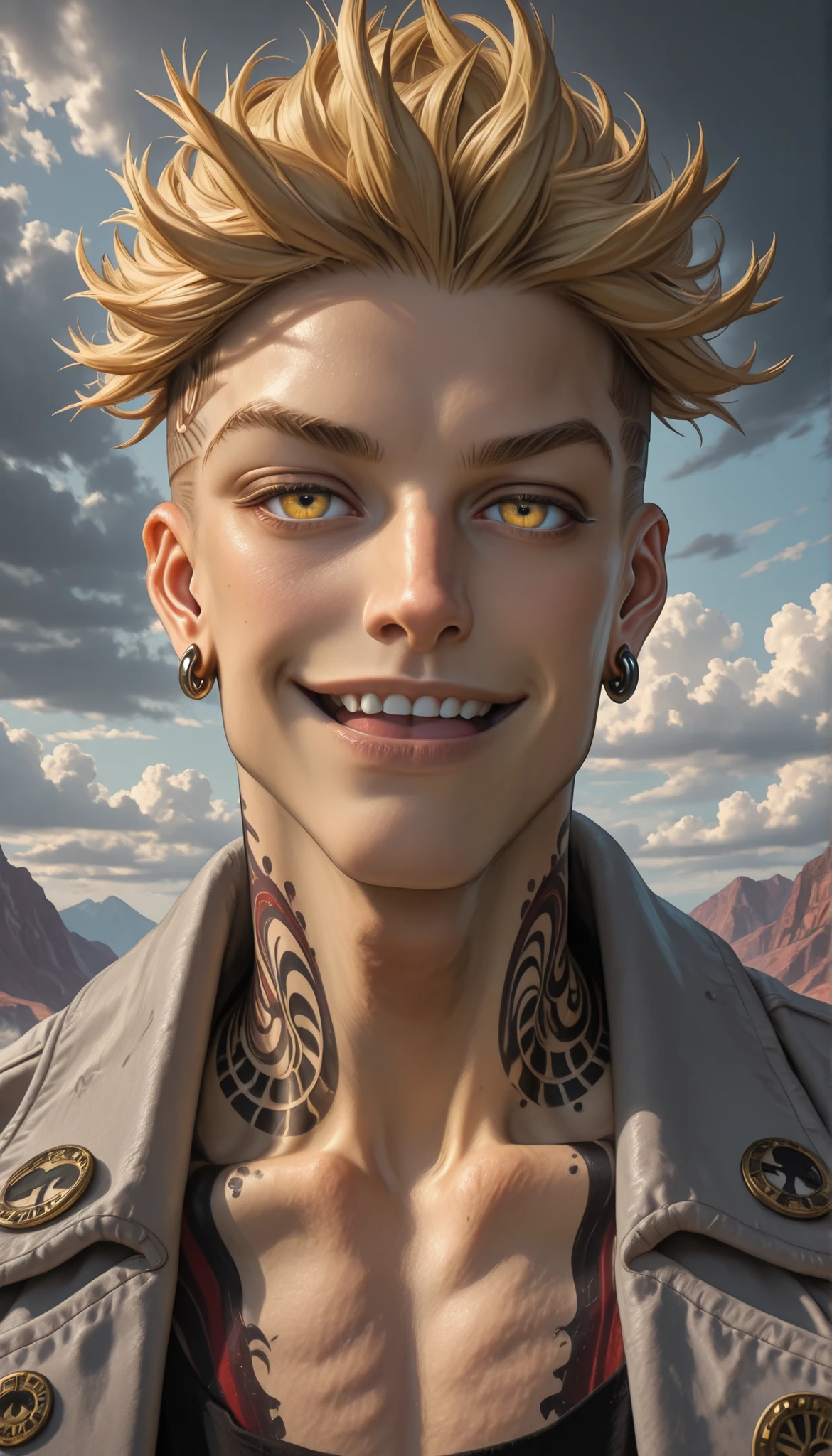 masterpiece, best quality, absurdres, enjin_gachiakuta, 1boy, male focus, solo, tattoo, jewelry, blonde hair, neck tattoo, earrings, yellow eyes, jacket, smile, open mouth, collarbone, short hair, teeth, cloud, sky, portrait, undercut, cloudy sky, spiked hair, looking at viewer, outdoors, grey jacket, upper body, upper teeth only  , 8k, hyperrealstic details, hyperrealstic artwork 