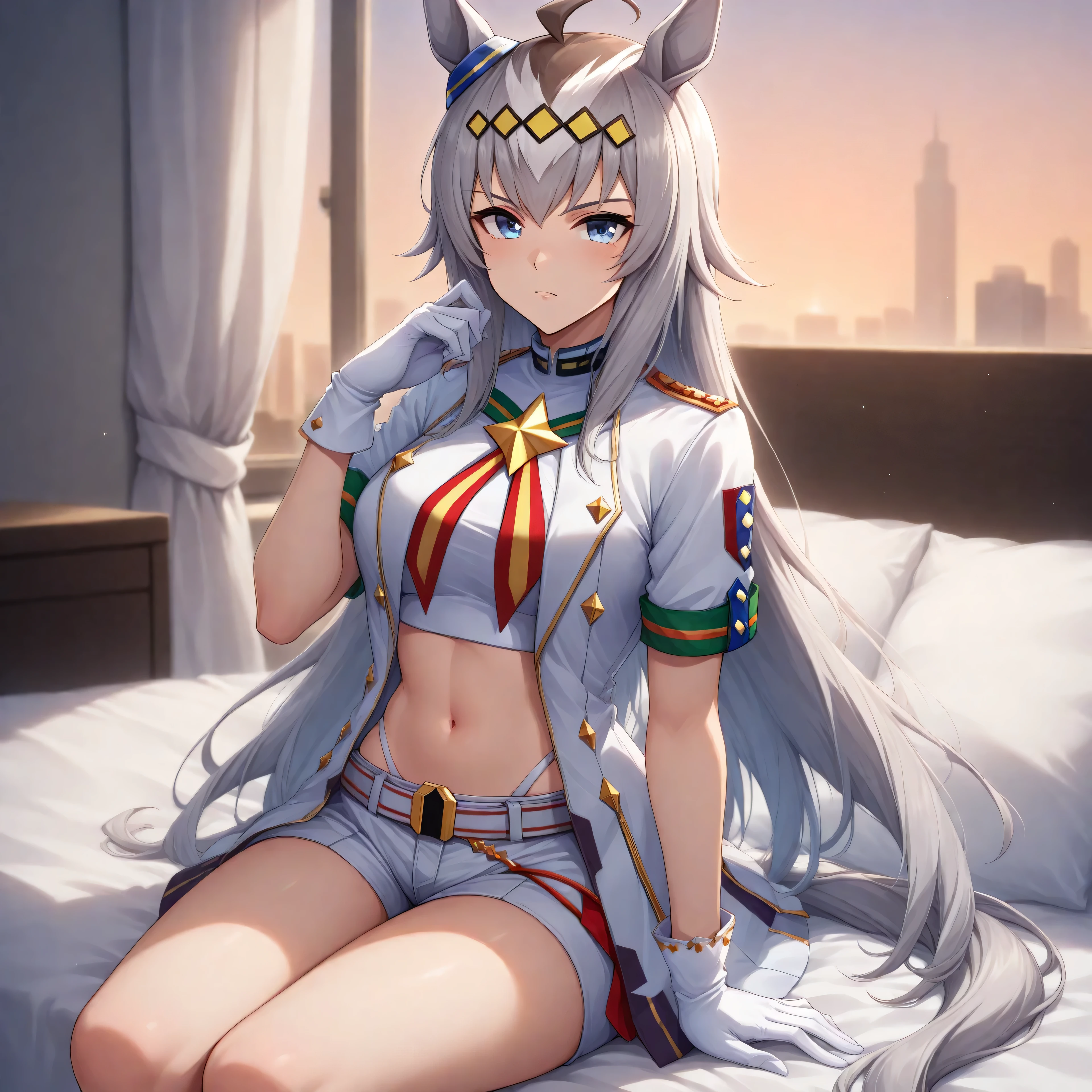 anime, lazypos, masterpiece, best quality, amazing quality, in dormatory, sitting on bed, looking at viewer, 1girl, solo, ogdef, 1girl, long hair, horse ears, grey hair, ahoge, horse tail, blue eyes, multicolored hair, white jacket, Short sleeve, white gloves, navel, midriff, white thong,