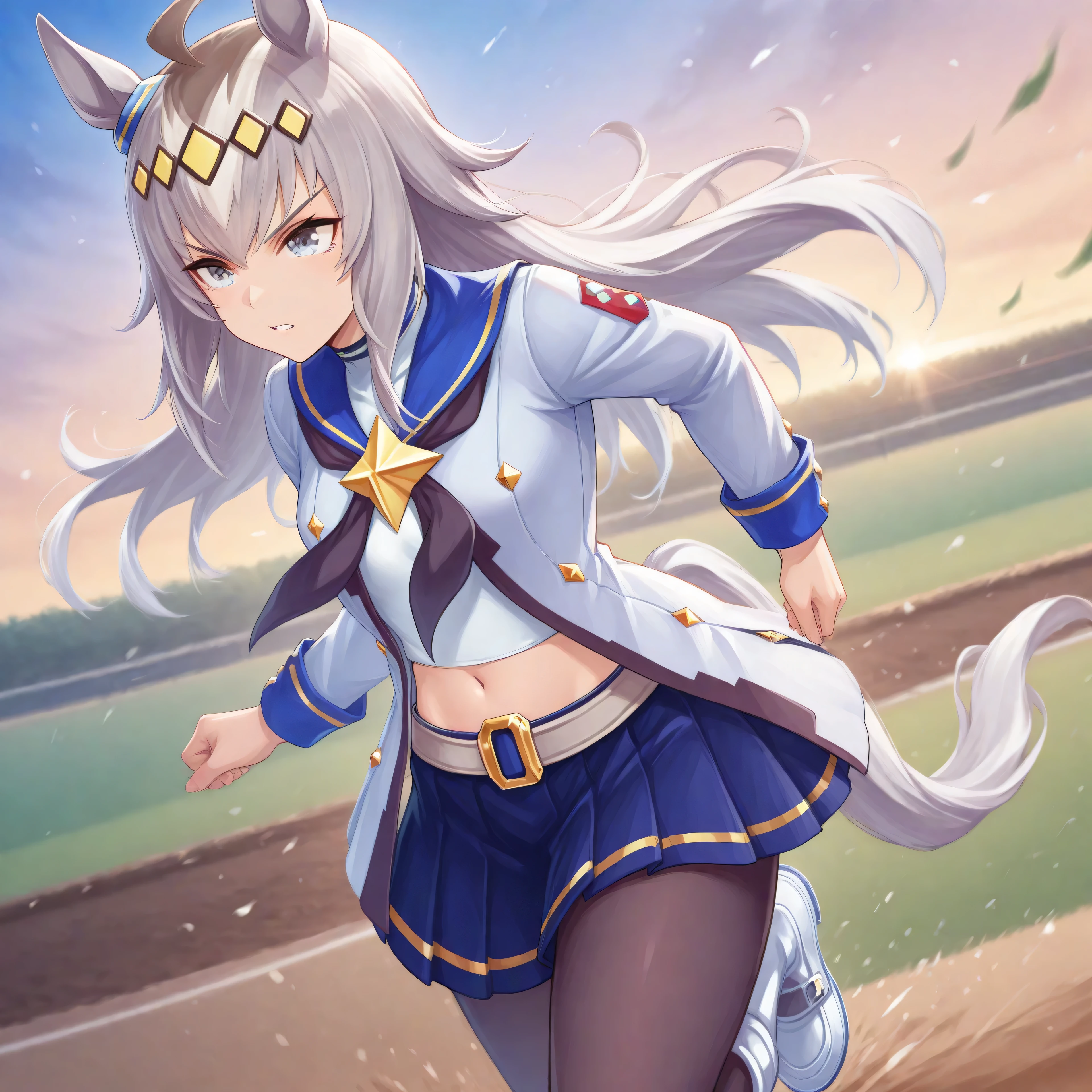 anime, lazypos, masterpiece, best quality, amazing quality, side view, at racetrack, running, 1girl, solo, ogdef, 1girl, long hair, horse ears, grey hair, ahoge, horse tail, blue eyes, multicolored hair, white shirt, neckerchief, belt, white jacket, pleated skirt, long sleeves, midriff, black pantyhose, blue skirt, white footwear, boots, navel, midriff, white thong,