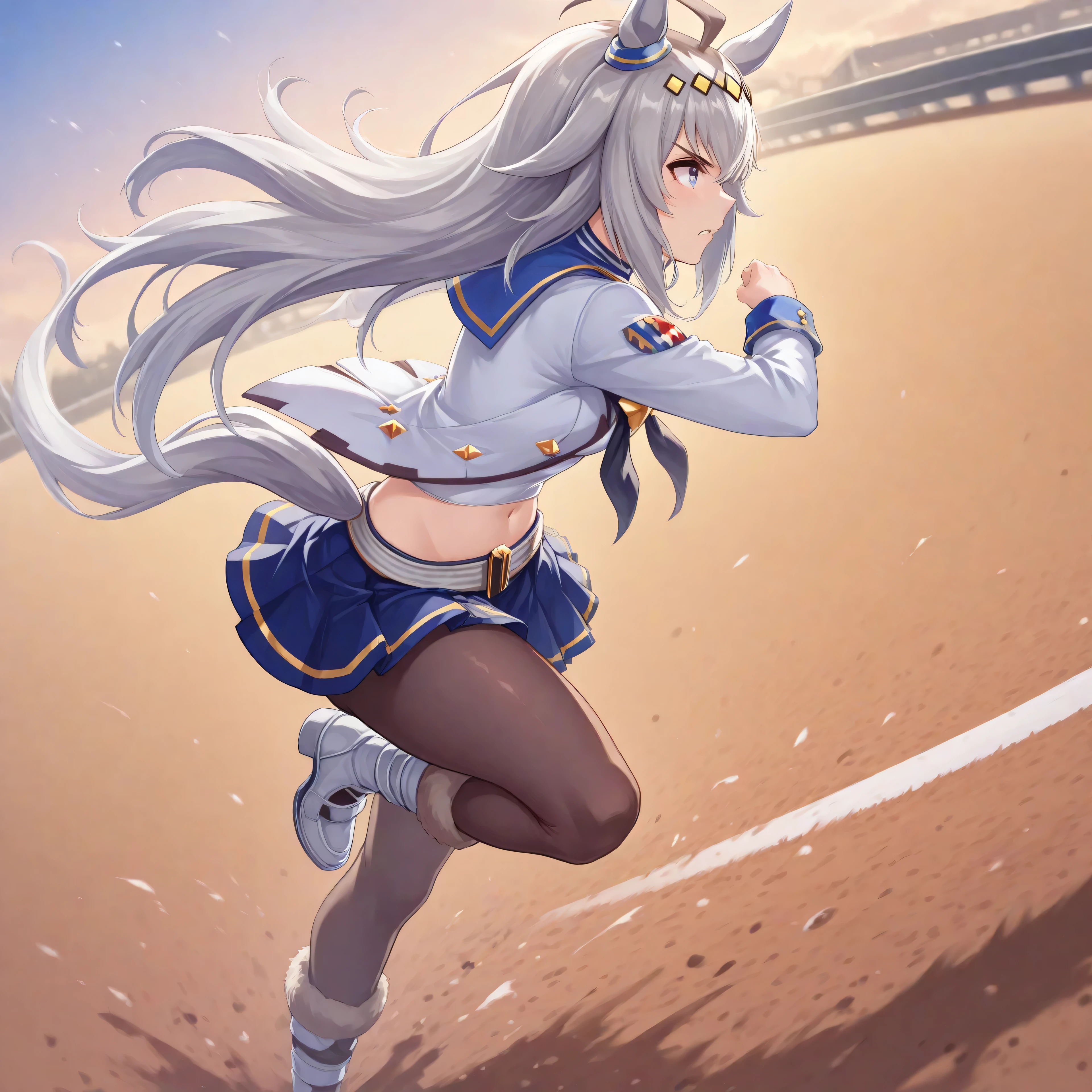anime, lazypos, masterpiece, best quality, amazing quality, side view, at racetrack, running, 1girl, solo, ogdef, 1girl, long hair, horse ears, grey hair, ahoge, horse tail, blue eyes, multicolored hair, white shirt, neckerchief, belt, white jacket, pleated skirt, long sleeves, midriff, black pantyhose, blue skirt, white footwear, boots, navel, midriff, white thong,