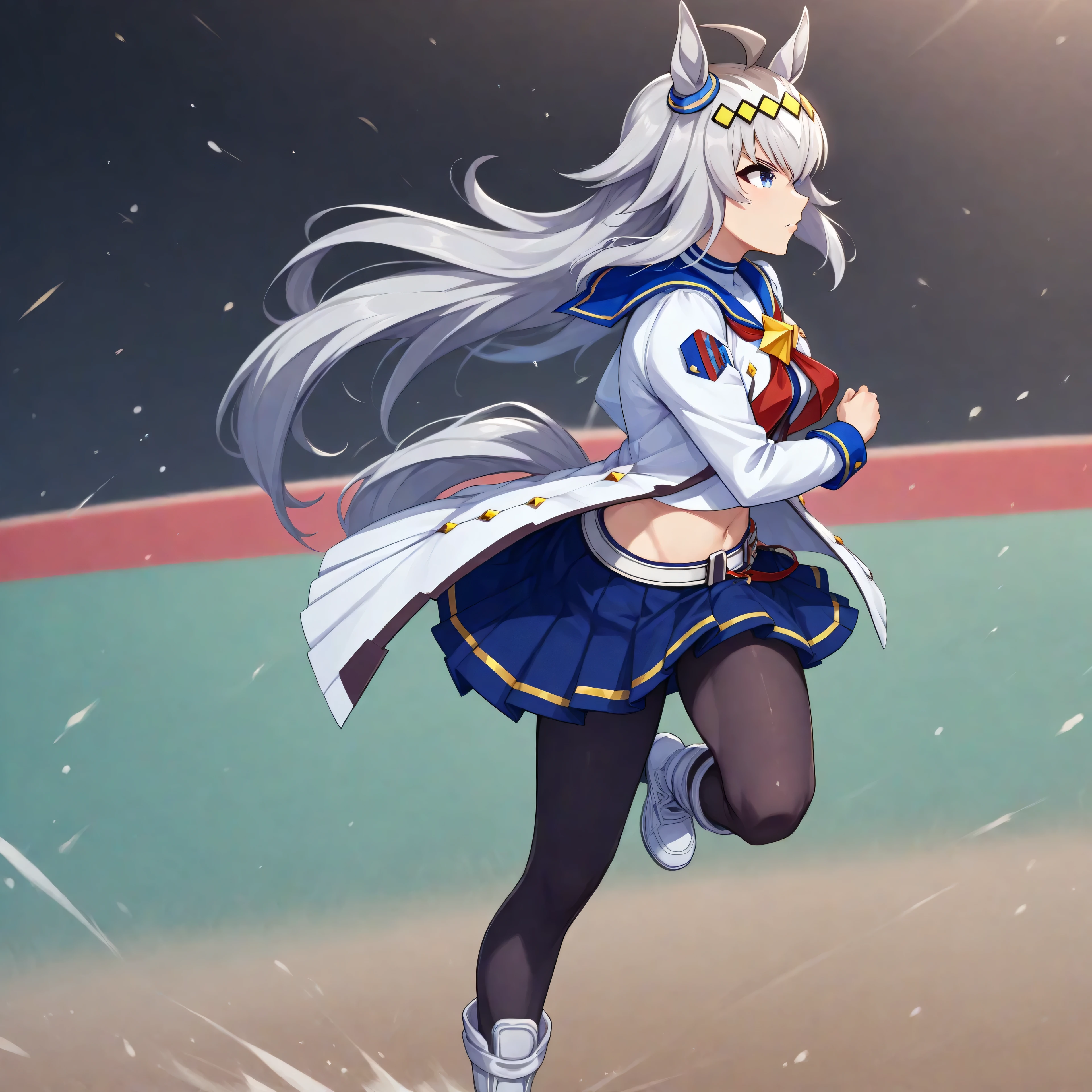 anime, lazypos, masterpiece, best quality, amazing quality, side view, at racetrack, running, 1girl, solo, ogdef, 1girl, long hair, horse ears, grey hair, ahoge, horse tail, blue eyes, multicolored hair, white shirt, neckerchief, belt, white jacket, pleated skirt, long sleeves, midriff, black pantyhose, blue skirt, white footwear, boots, navel, midriff, white thong,