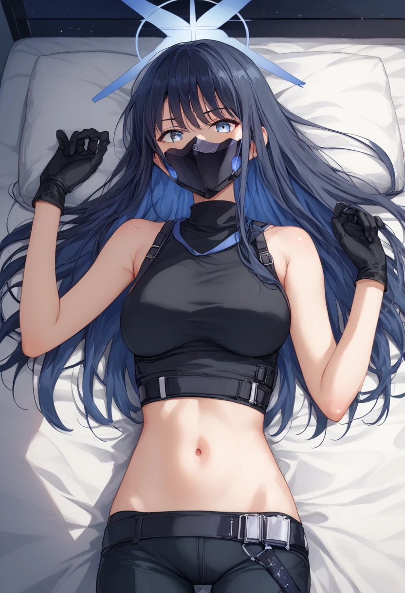 masterpiece,extremely detailed,1girl,solo,(saori \(blue archive\):1.15),(mouth mask),(sprawled on bed:1.1),detailed sparkling eyes looking at camera,bedazzling eyes watching you,sexy stretch,detailed close up on abdomen,(visible hip bones),bare stomach gleaming with sweat,(zoom in on navel),exposed hips,(long midriff:1.2),extremely detailed midriff,sexy tummy,bare stomach,hands overhead,arms raised all the way up,exposed hip bones,beautiful blue eyes watching you in disappointment,(black pants pulled down below waist:1.2),black crop top,armpit,long hair,black hair,black baseball cap,halo,underboob,white background,cinematic glitter,high res,4K,high quality,trending on pixiv