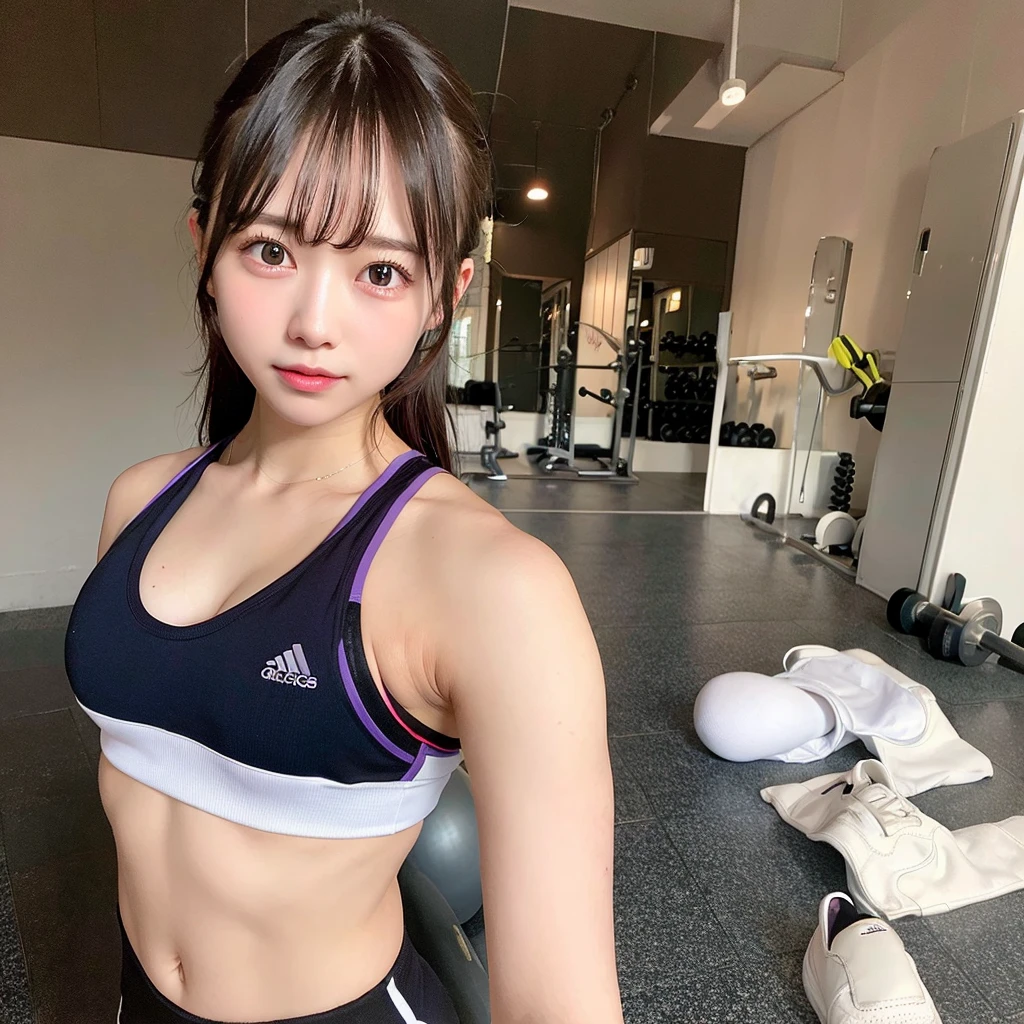 Realistic Sports Girl　sports gym　gym　small tits　short-hair　Sports bra and thin shorts　ssmile　Sneakers and short socks　Wet shorts　Sexy pose with open legs　Protrusions present at the top of the chest