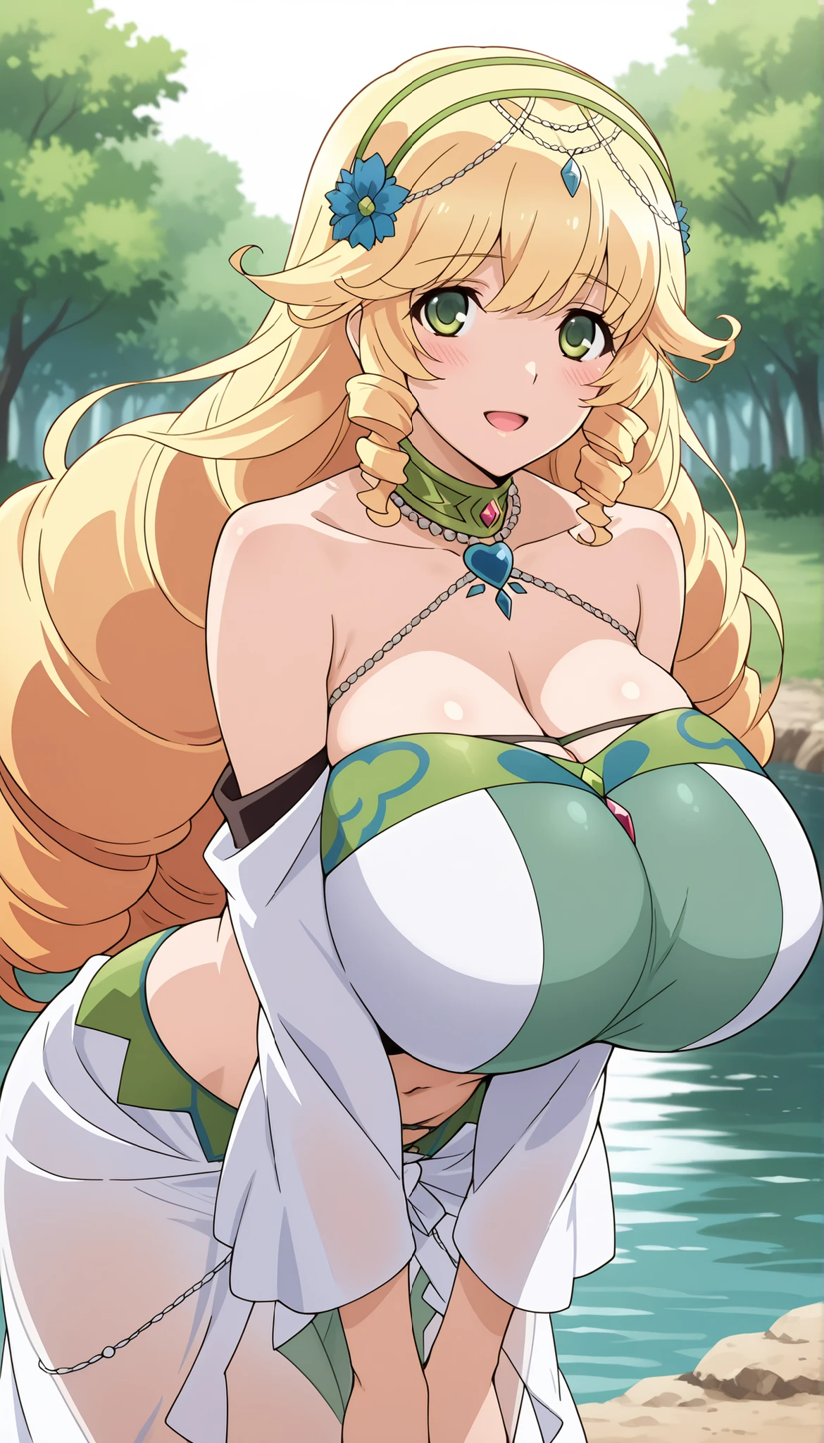 masterpiece:1.3, best quality:1.2, very aesthetic, absurdres, newest,
Sofya_O, 1girl,solo,blonde hair, green eyes,long drill hair,flower hairband,tiara,
jewellery necklaces, choker, bare shoulders top,navel, detached sleeves,sarong,see-through skirt, very gigantic breasts, deep clevage,
open mouth,smile, blush, shy, happy, looking at viewer,v arms,blush,lake, bending forward, from side, from behind, standing, facing front,