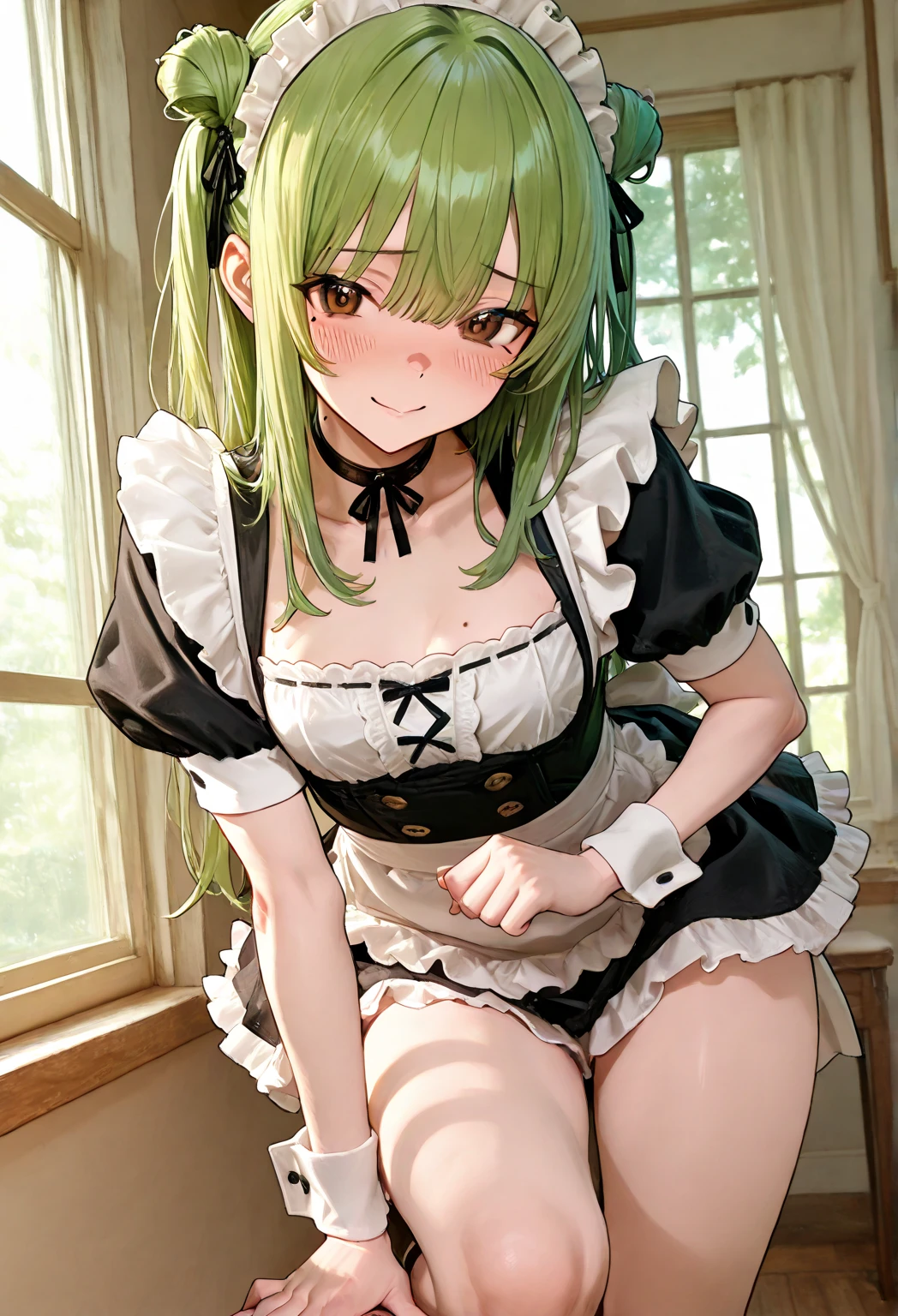 mastute piece,Best Quality,insanely detailed,8k cg,nsfw,
shoot upper body,(body in front:1.1),1girl,standing,looking at viewer,(white-gothic-lolita),BREAK,blush,shy,ecstasy face,gasping,(trembling:1.2),light green hair,break,open mouth,large breast,bedroom,
