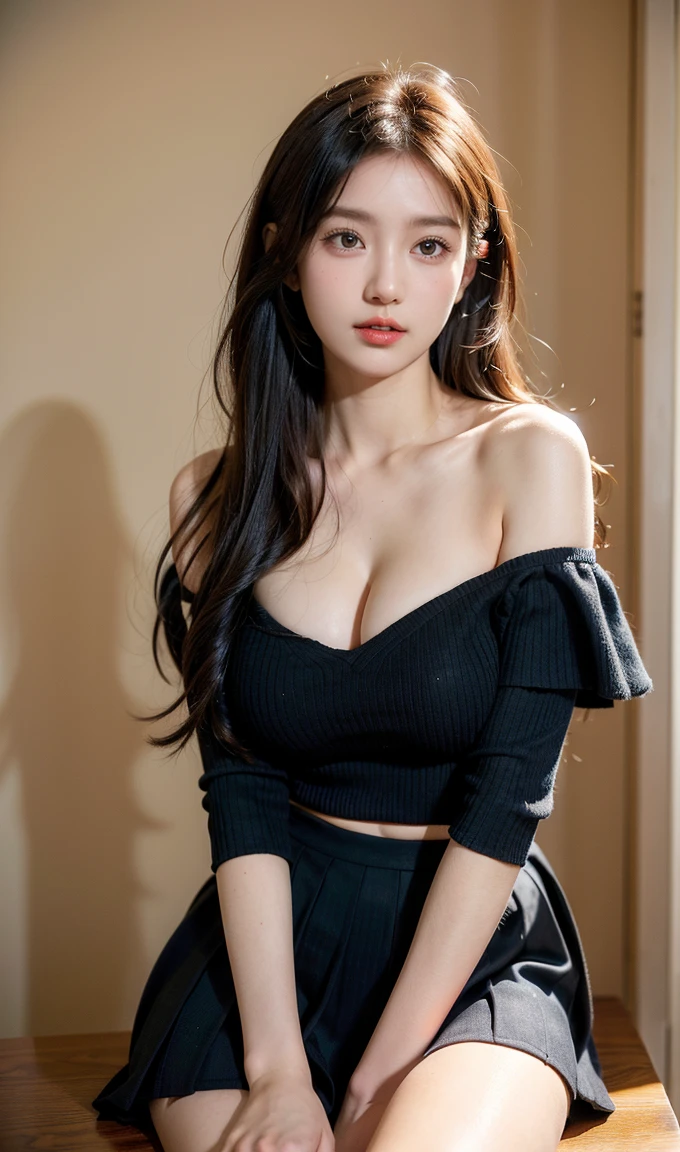 A Girl With Long Hair, Red And Black, Red Medium Hair, Sleeveless, Cleavage, Looking Forward, Beautiful Face, Masterpiece, Best Quality, Aiian Clothing, Korean Girl, Black Eyes, Masterpiece, Portrait, Front Facing, Large Breast, Sleeveless, Cleavage