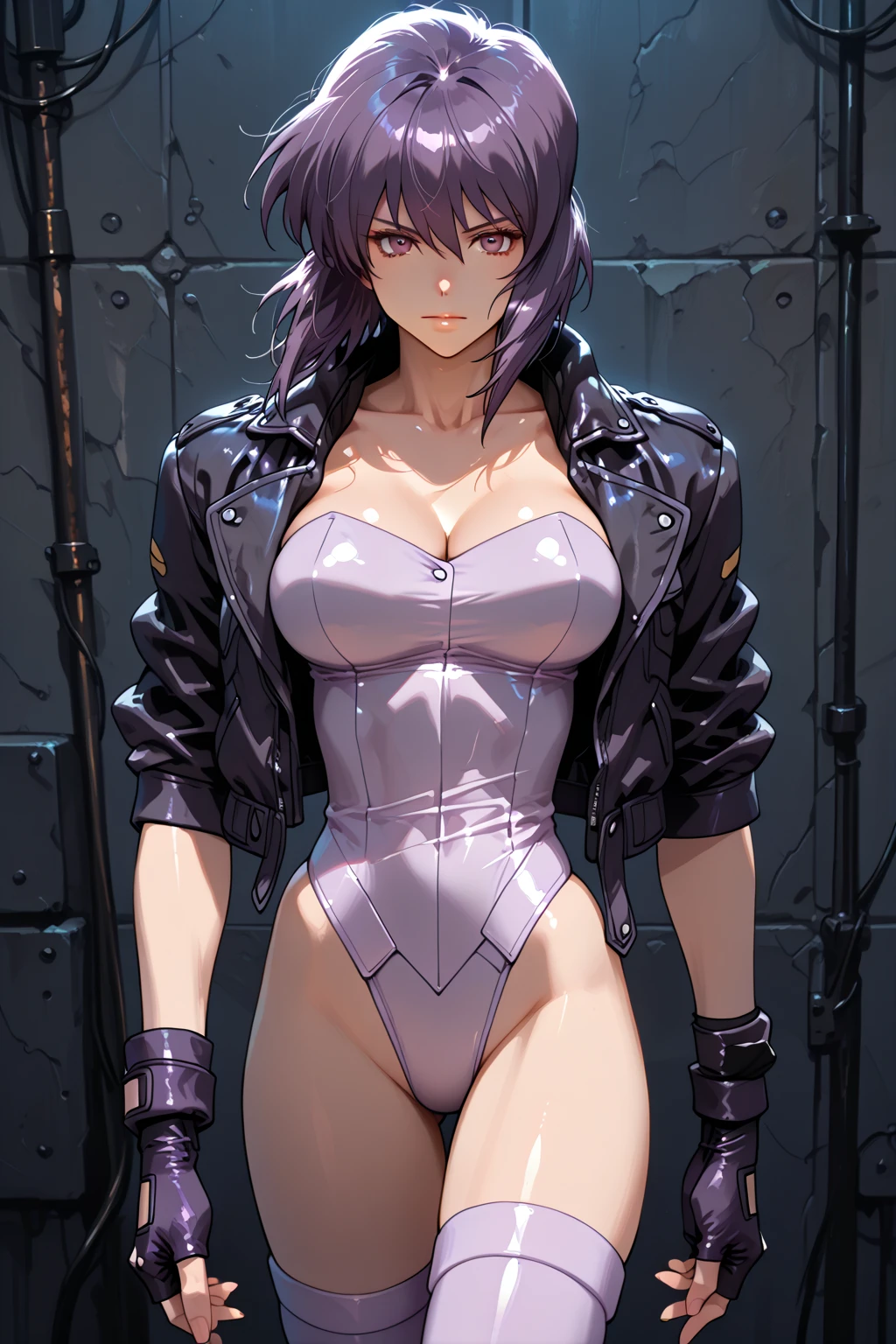masterpiece, best quality, ultra-detailed, aakusanagi, short hair, purple hair, large breasts, cleavage, white leotard, highleg leotard, black jacket, open jacket, fingerless gloves, white belt, thighhighs, blushing, smile, standing, indoors, cowboy shot, volumetric lighting, intricate details, tonemapping, sharp focus, hyper detailed, sagging_breasts, saggy breasts, <lora:kusanagi_motoko_v1:0.7>, <lora:ARTSTYLE_EsadRibic_ownwaifu:0.8>