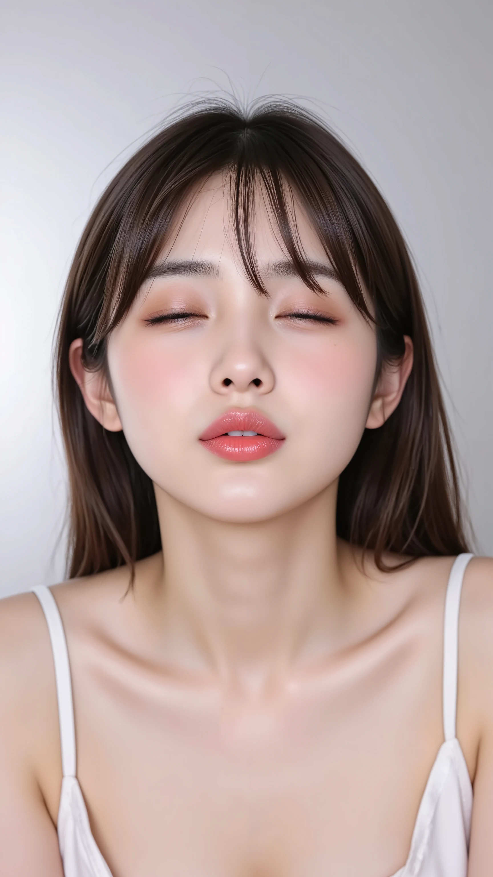 Japanese girls, fits in the frame from the neck to the top of the head, cute camisole, Extremely pouty lips, Tightly pursed, round shape, Lips exaggeratedly thrust forward, Kissing face with full lips, glossy, plump, pale pink lips, Lips as main focus, with wet, glossy texture、 strong highlights , ((big breasts,  cleft)), Eyes vaguely narrowed with joy, A dreamy and melting smile, Blushed face and ears, with slightly pink downy hairs、shiny skin,  chin is slightly raised , Head gently tilted, Soft directional lighting in a white studio, Camera angle 35° upward, Full face centred
